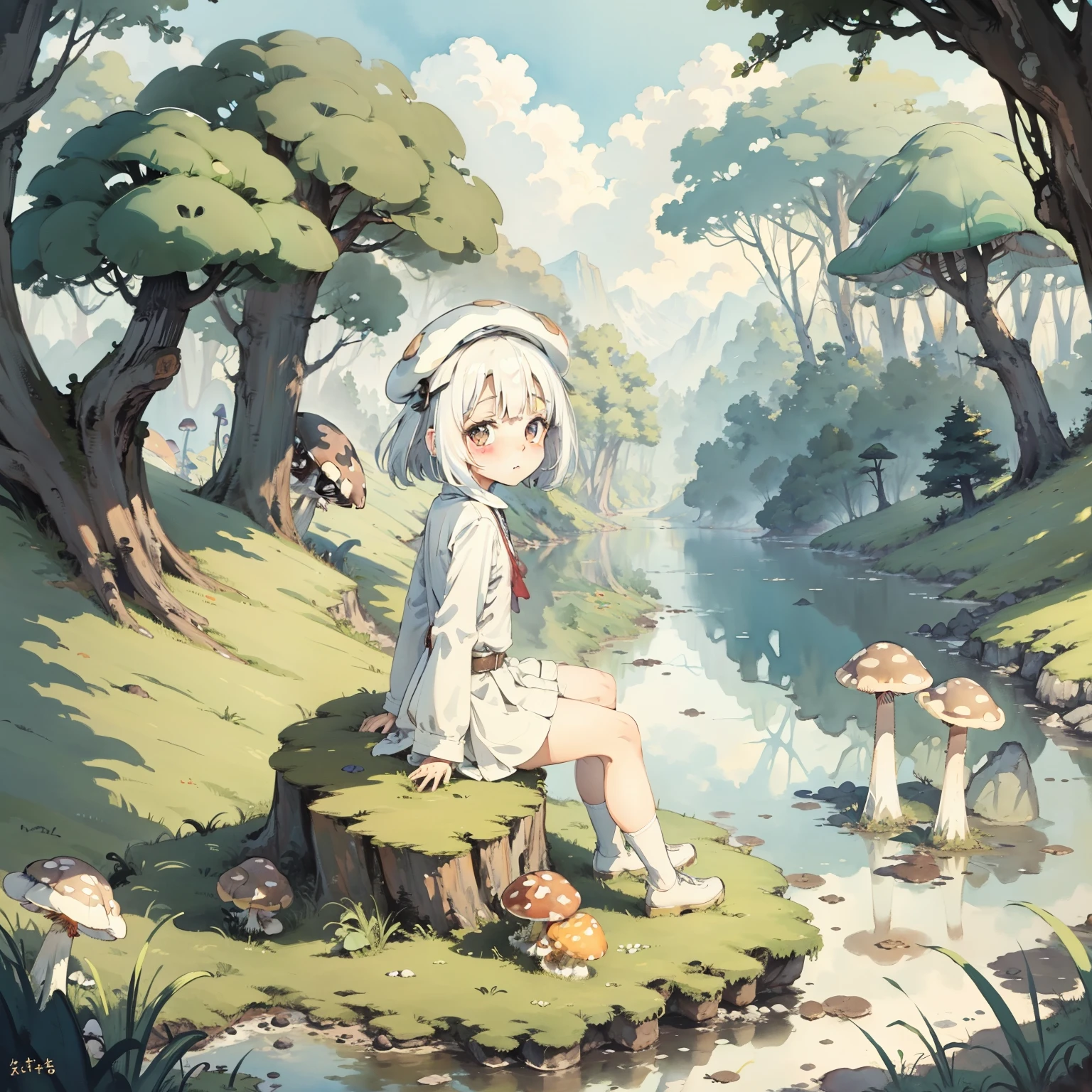Explore the kingdom of psychedelic and fantasy mushrooms,Huge mushrooms,Watercolor illustration, Perfect anatomy, Masterpiece, Best quality, 1girll, li,elSolo, (with short white hair:1.2),Nature, landscape,tiny feet, Sit on grass,Back against mushrooms