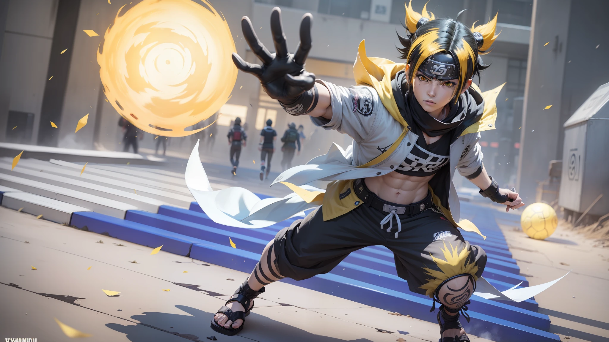 a close up of a person with a yellow and black hair, an anime drawing inspired by Ryūsei Kishida, trending on pixiv, shin hanga, jougan as naruto, jougan looks like naruto, naruto uzumaki, naruto artstyle, from naruto, pain from naruto, best anime character design, ichigo kurosaki, jougan, jougan 4k, mode jougan, 4k, 8k