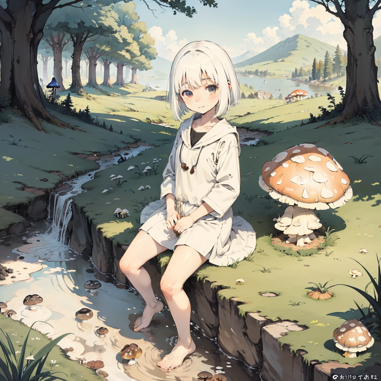 Explore the kingdom of psychedelic and fantasy mushrooms,Huge mushrooms,Watercolor illustration, Perfect anatomy, Masterpiece, Best quality, 1girll, Loli,elementary student, Solo, (with short white hair:1.2),Nature, landscape,tiny feet, Sit on grass,Back against mushrooms