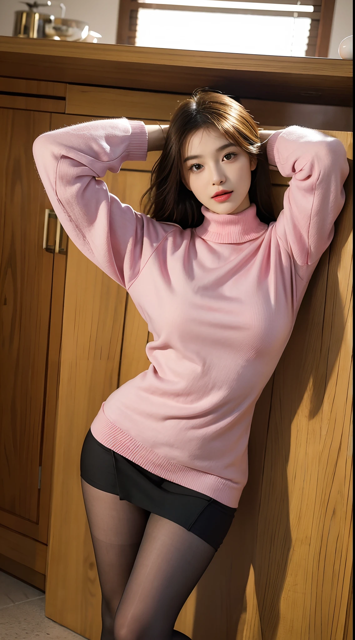 best qualtiy, tmasterpiece, A high resolution,8K,(realisticlying:1.4),超A high resolution,1girll, ultra - detailed, hyper realisitc, highly detailed CGillustration, offcial art, cinematric light, Realistis, Young and beautiful girl, perfect body figure, perfect body figure, full pov, Perfect body, Open your arms,(Starting below:1.3), lewd poses, long sexy legs, Hosiery,self-assured, Beautiful Sexy, Pink floral turtleneck silk dress, A-line cropped pleated skirt,Kurfo, S-shaped body, Upturned buttocks,posing on a,Pose,Different Perspectives