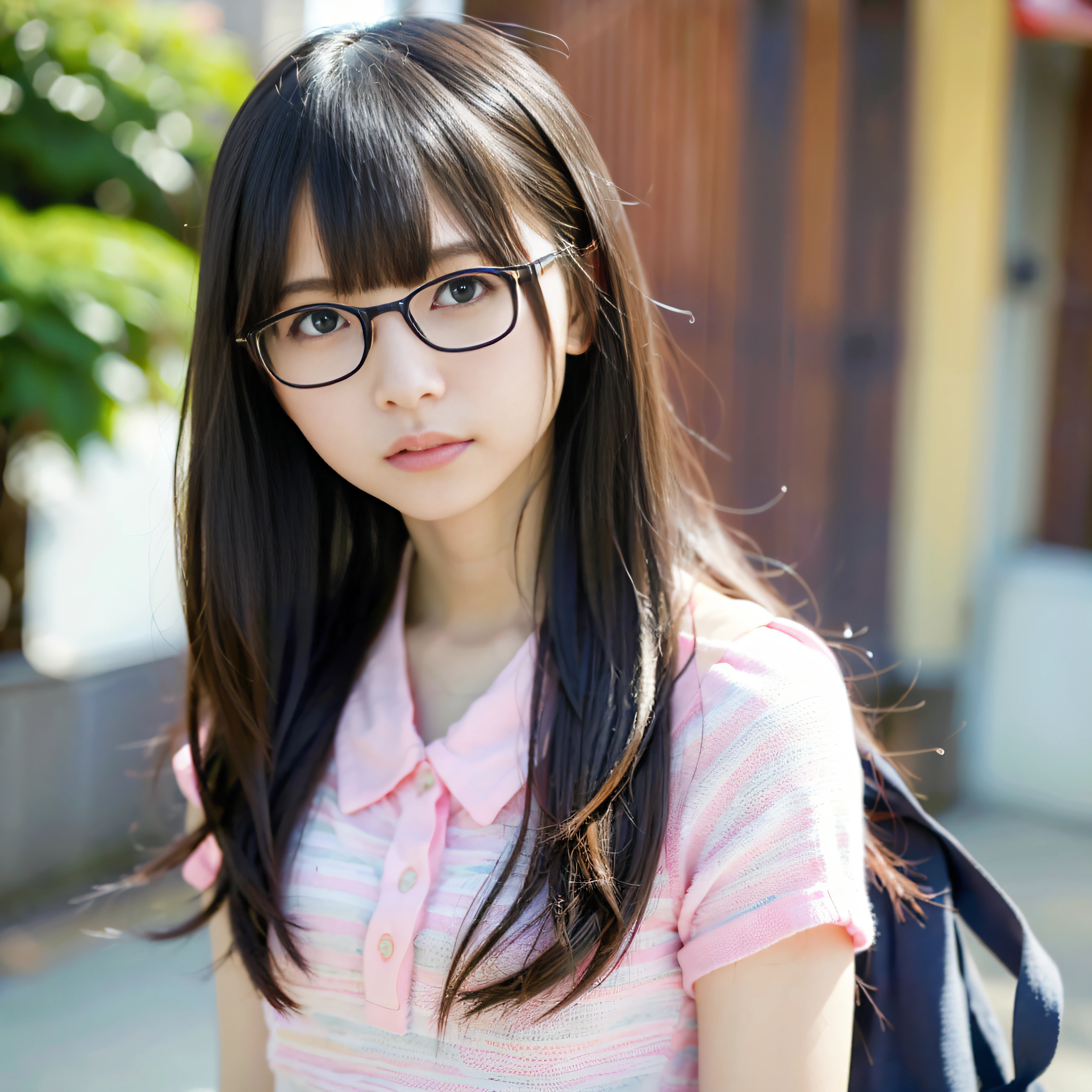 1人、on tokyo street、A city scape、The upper part of the body、a closeup、A smile、Round frame glasses、Pink glasses frame、Round frame glasses、(8K、Raw photography、top-quality、masterpiece:1.2)、(realisitic、photoRealstic:1.37)、Highly detailed eyelash drawing、(((Top image quality))),Fine skin, (Beautiful hair), (Perfect Anatomy), (Realistic), (Dynamic Angle), Pose Seductive,Perfect,Sensual look、top-quality、hight resolution、