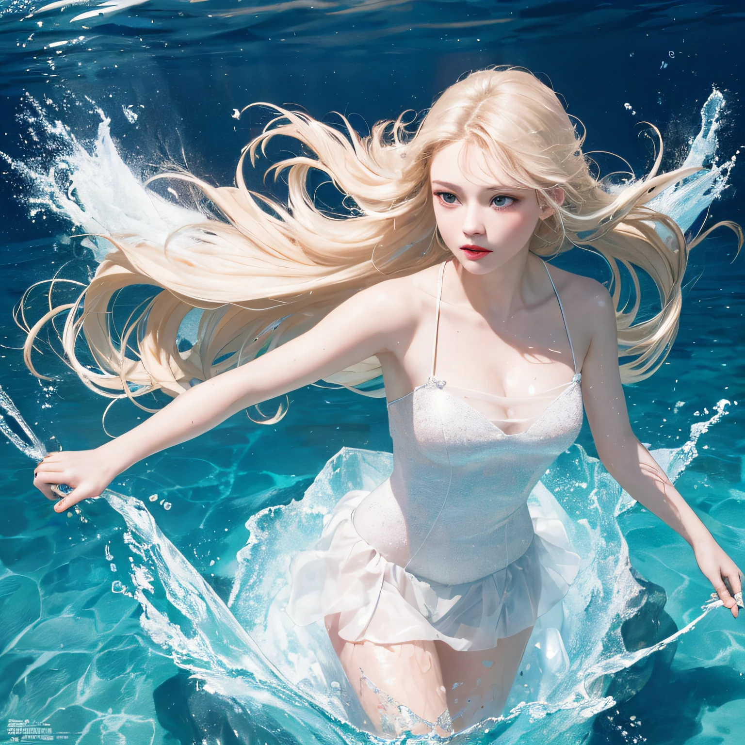 Beautiful glossy skin with a sense of transparency,
Beautiful face with silky blonde hair swaying bangs,
long bangs with a lot of hair
Cute girl at 18 years old
glowing bright whitish pale light blue eyes,
bright expression,
Small Face Beautiful Girl,
whole body,
Are standing,
Complete Anatomy, Accurate anatomy, Precisely constructed clothing,underwater,
under the surface of the water,
clothes fluttering in the wind,