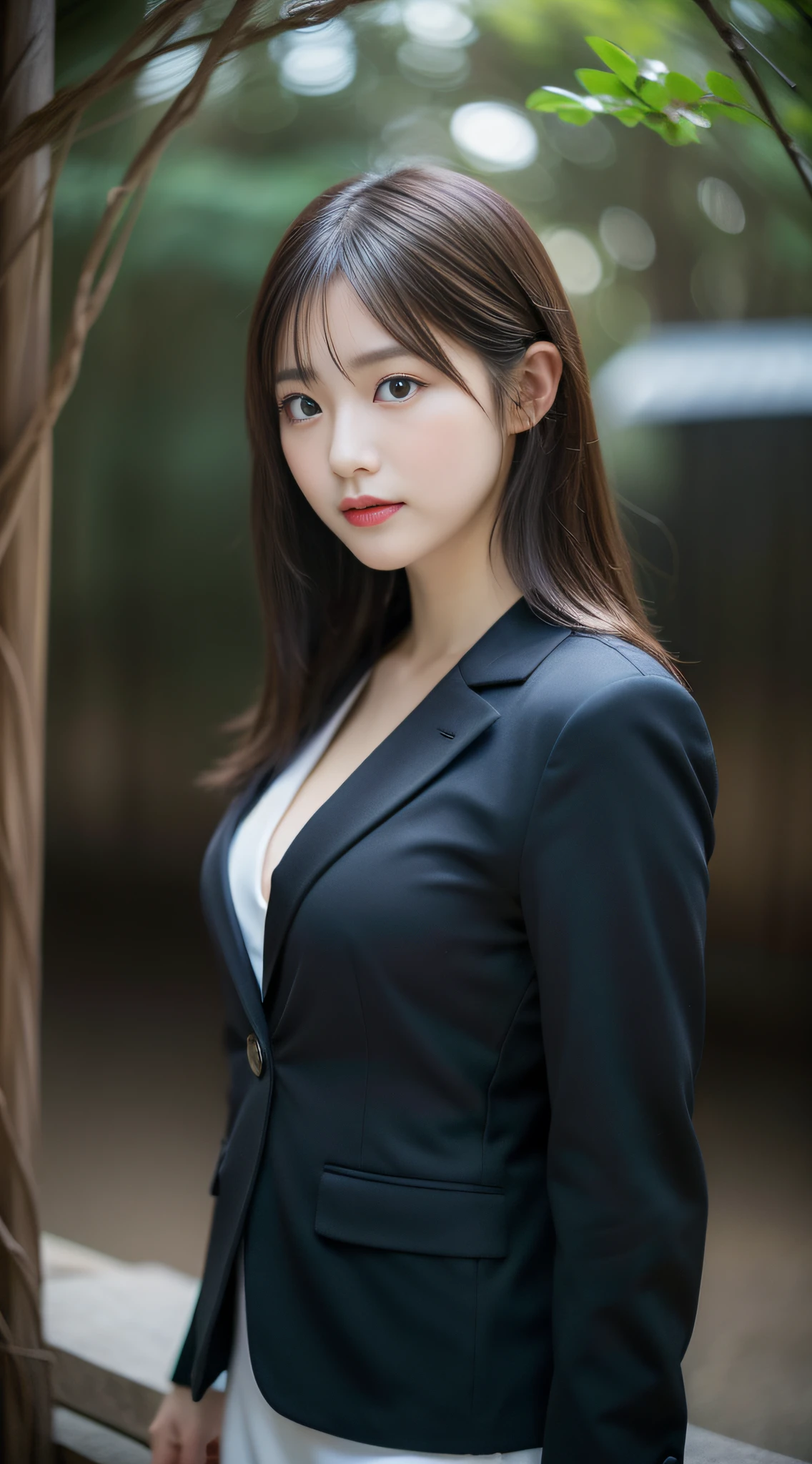 there is a woman in a suit posing for a picture, (((huge tit))), ((cleavage)),(( Nippleless)),gorgeous chinese model, japanese model,(((beautiful face))),(((Big eyes))),(((beautiful eyes))),(((long eyelashes))),((beautiful teeth)),Photographed with Canon EOS R6, Photographed with Canon EOS R5, gorgeous young korean woman, Photographed with Canon EOS R5, girl in a suit, soft portrait shot 8k, Portrait of a Korean female idol, Photographed with Canon 5D MK4, korean girl, beautiful korean woman