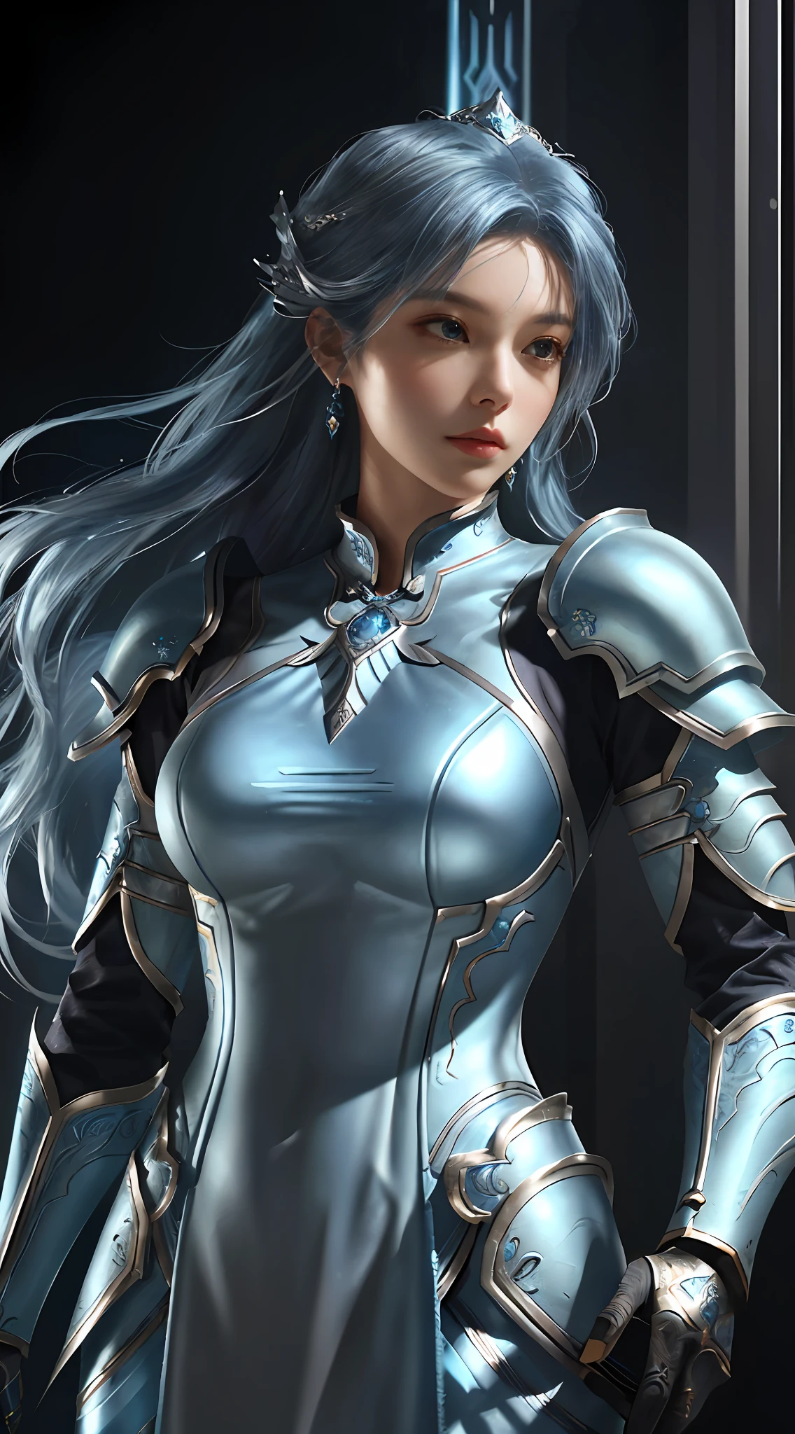 a close up of a woman in a silver and blue dress, chengwei pan on artstation, by Yang J, detailed fantasy art, stunning character art, fanart best artstation, epic exquisite character art, beautiful armor, extremely detailed artgerm, detailed digital anime art, artgerm on artstation pixiv, armor girl