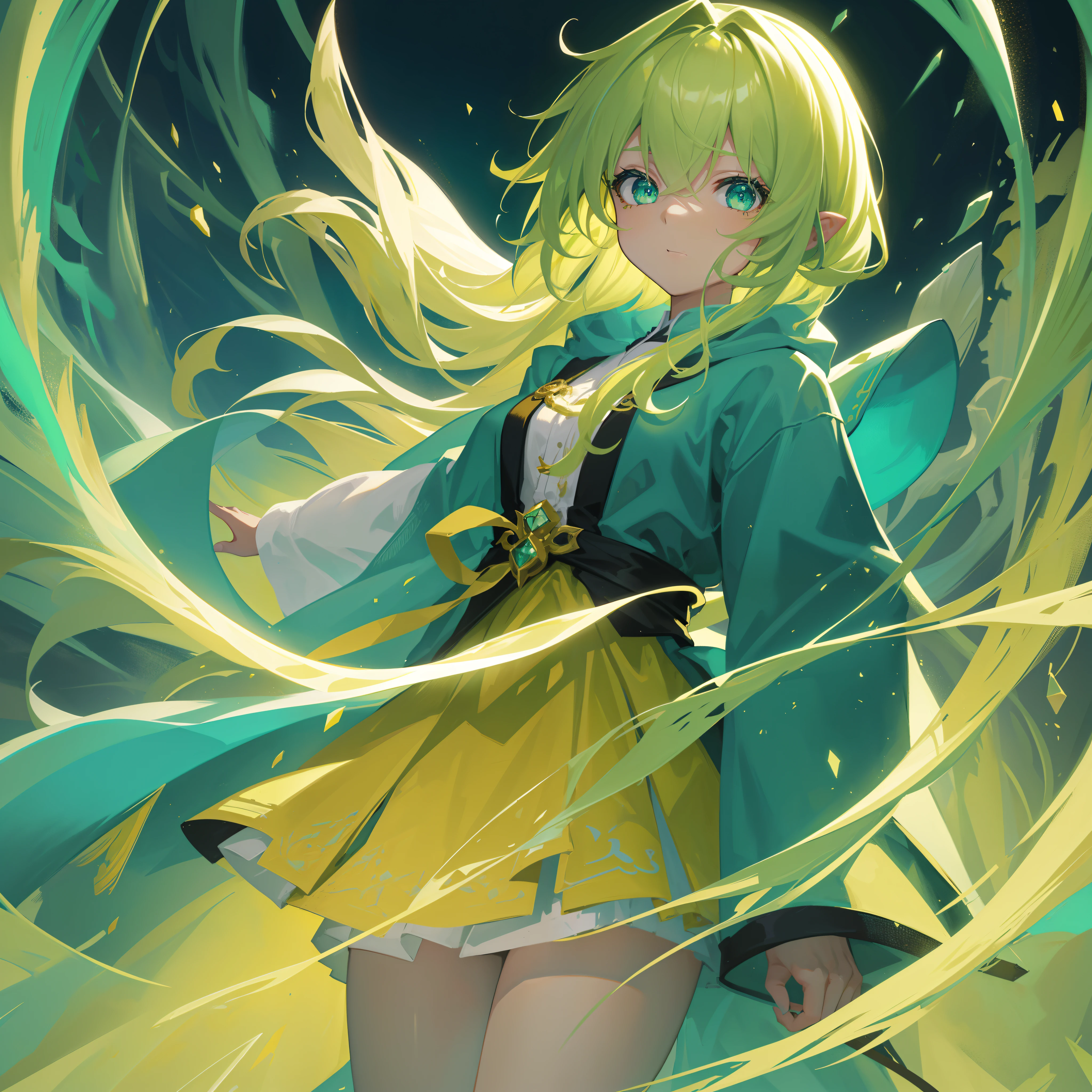 {{Best quality}}, {{Masterpiece}}, {{super ultra detail}}, {{illustration}}, {{Detailed light}}, one-girl，Lime yellow hair，O cabelo multicolorido, Turquoise eyes, **** style,( beast ear)，The robes of the priests，green color，(Dynamic lighting:1.2)，