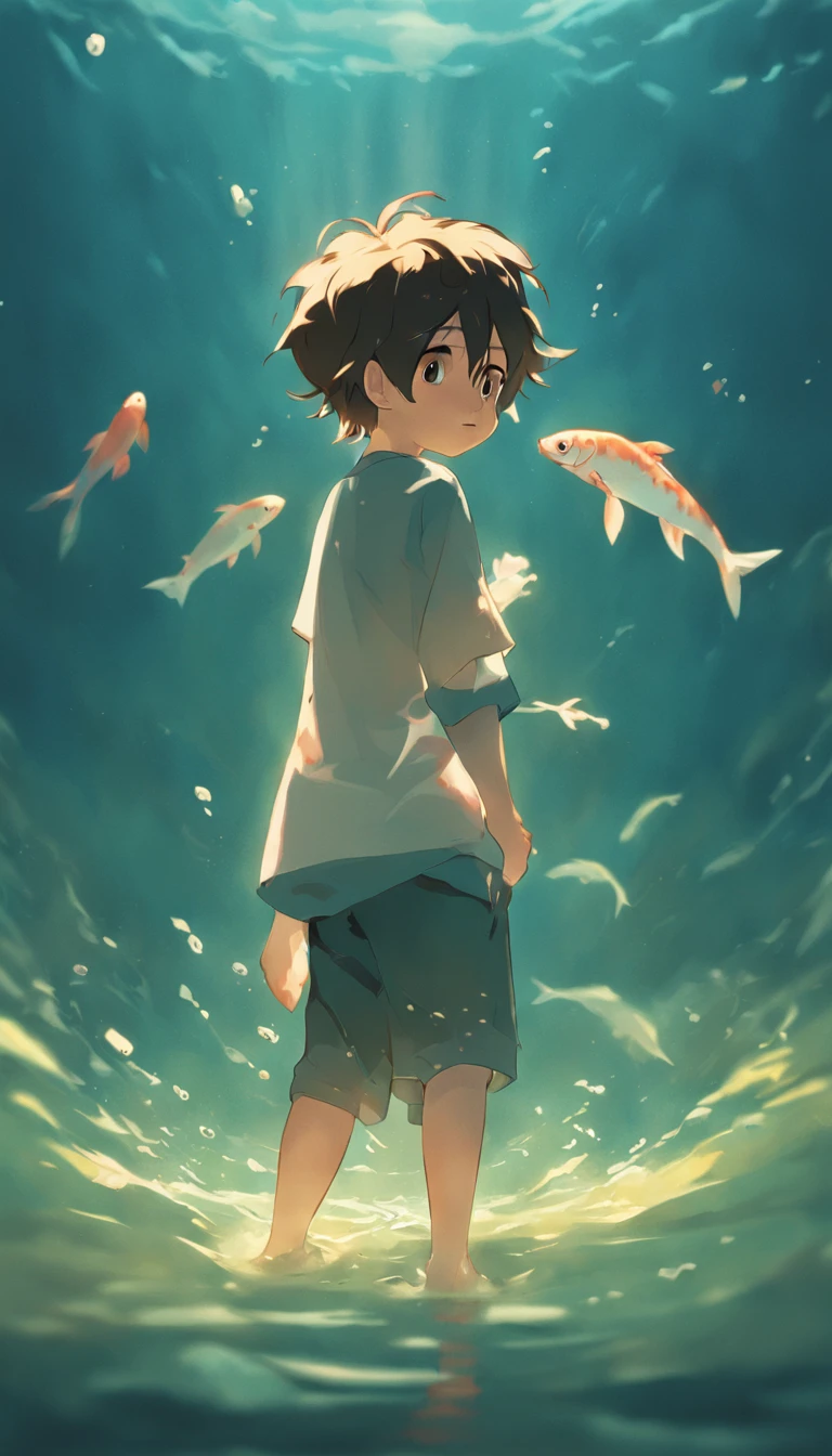 A boy standing in the water with fish in the background - SeaArt AI