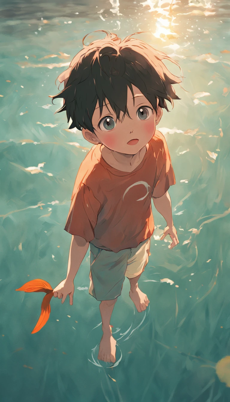 Cinematic quality，style of disney animation，The  holds a koi in his arms，Swim in the sea，short detailed hair，The barefoot，depth of fields，high light，Real light，Ray traching，oc rendered，Ultra photo realsisim，best qualtiy，8K，Master the technology，Detailed anatomy of the human body，sharp focus on eyes，Detailed depiction of facial features，Bokeh effect