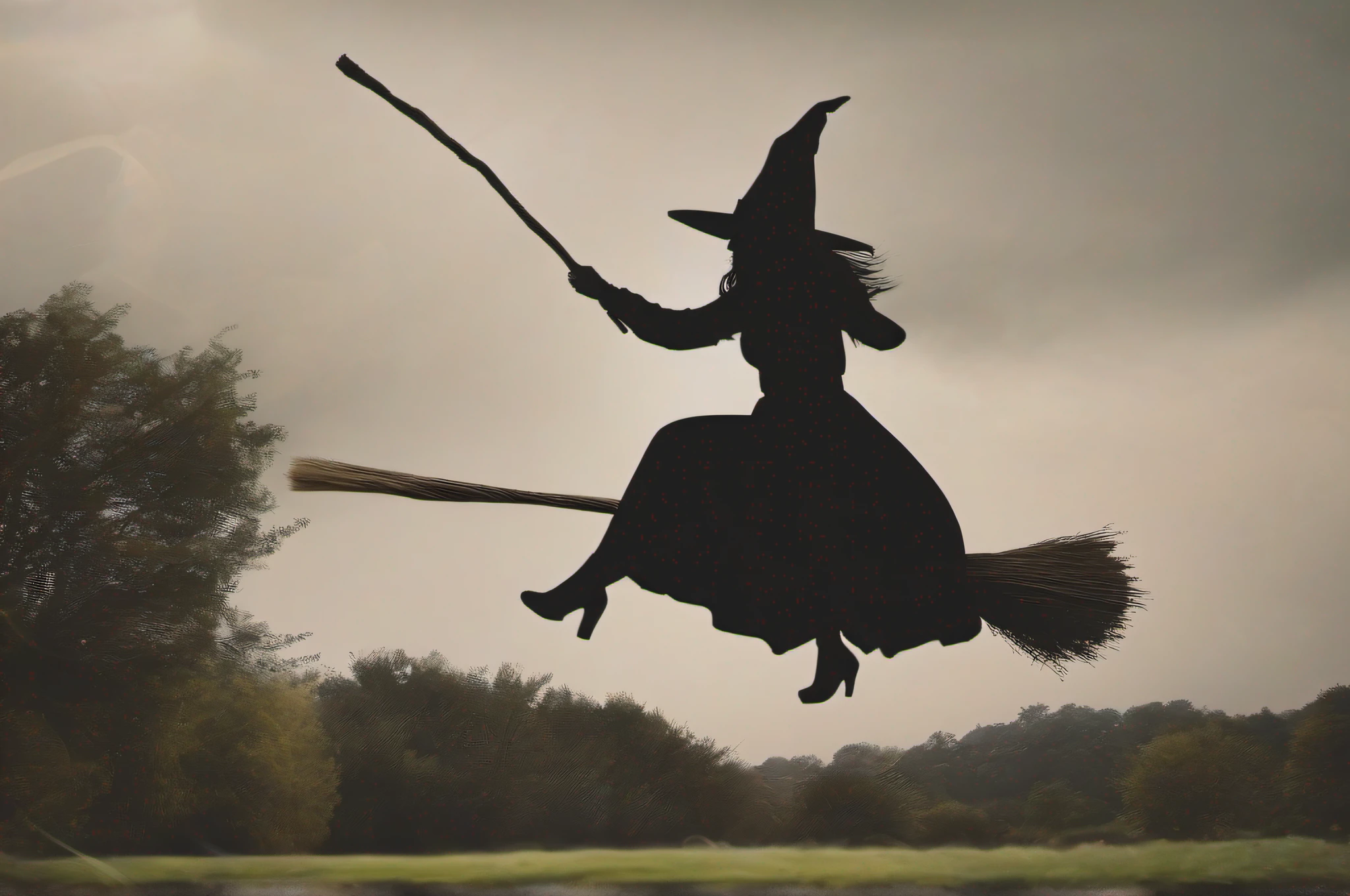 (a witch:1.5 fliying on her broom:1.3)
