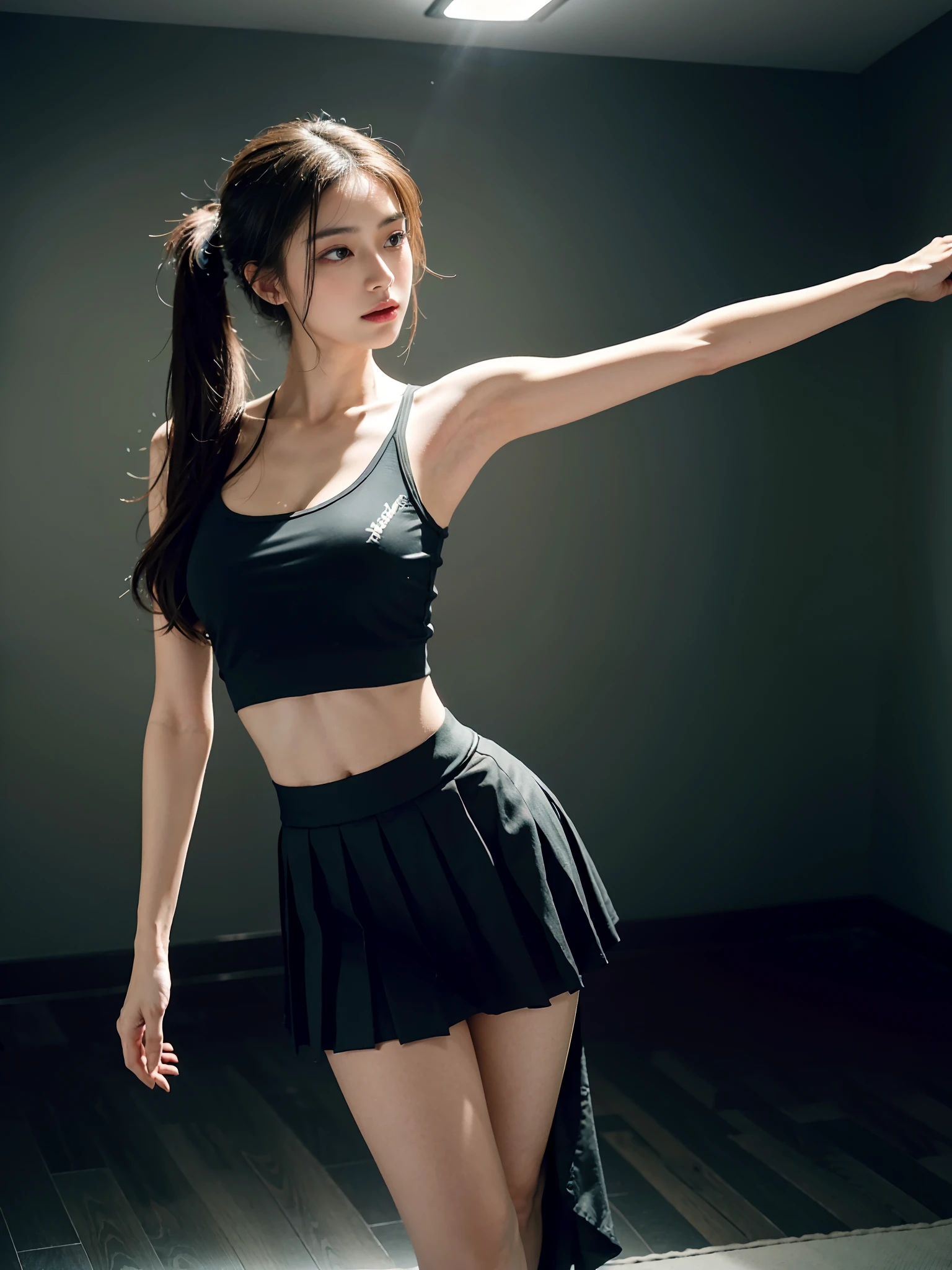 ((smallunderboob,Tomboyish,small heads)), (Well-defined abs: 1.1), (perfect bodies: 1.1), (Long straight hair: 1.2), Black hair, pony tails，upper body photos, attractive collarbone，nabel，（极其细致的CG 8k壁纸），（Extremely refined and beautiful），（tmasterpiece），（best qualtiy：1.0），（超A high resolution：1.0），beautiful light up，Perfect lightning，realistic shaded，[A high resolution]，Smooth and flawless fair skin，ultra - detailed ，Deep blue-green yoga vest，cleavage，Short black pleated skirt，The skirt lifted，Elongated legs，Bigchest，big breasts thin waist，big assa，Slim，emaciated，In the spacious and bright dance studio，brightened light
