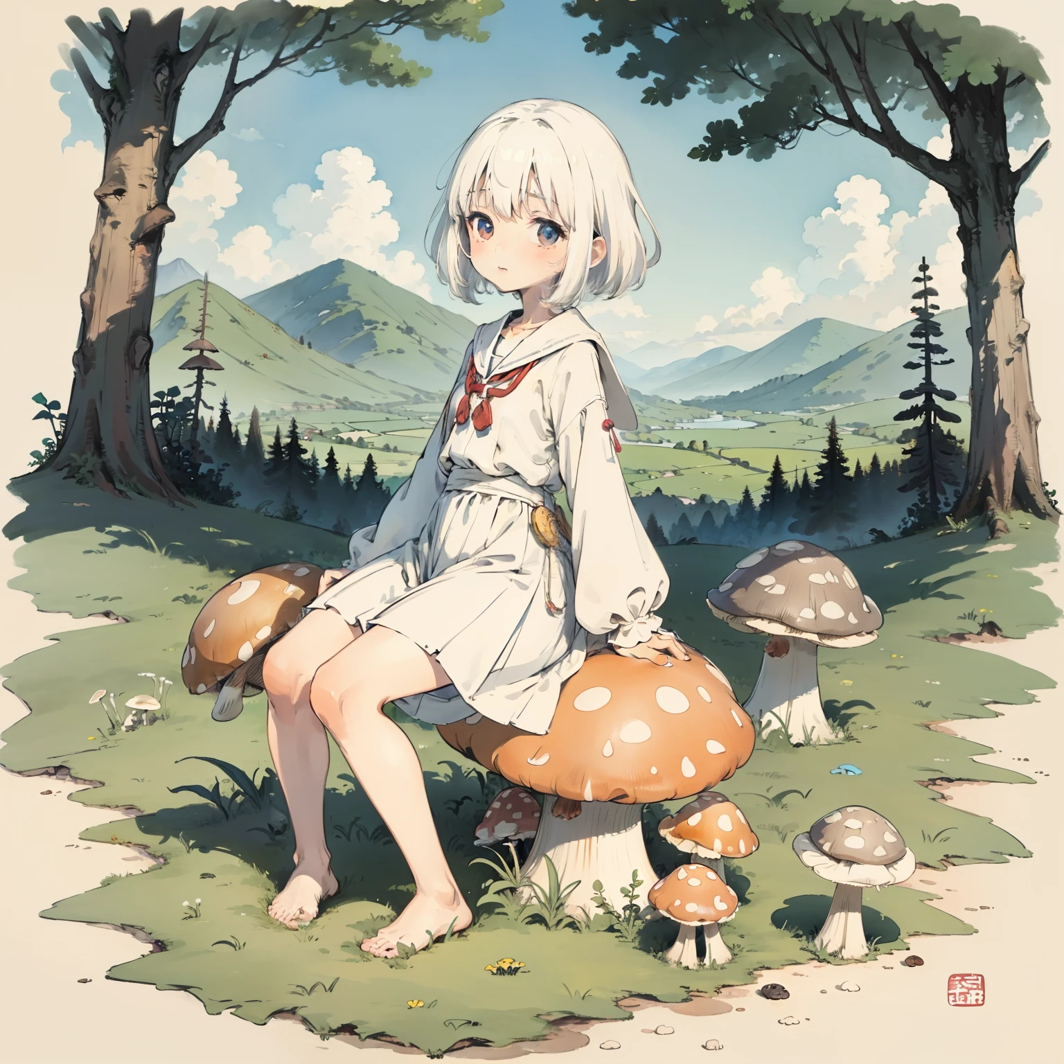 Explore the kingdom of psychedelic and fantasy mushrooms,Huge mushrooms,Watercolor illustration, Perfect anatomy, Masterpiece, Best quality, 1girll, Loli,elementary student, Solo, (with short white hair:1.2),Nature, landscape,tiny feet, Sit on grass,Back against mushrooms