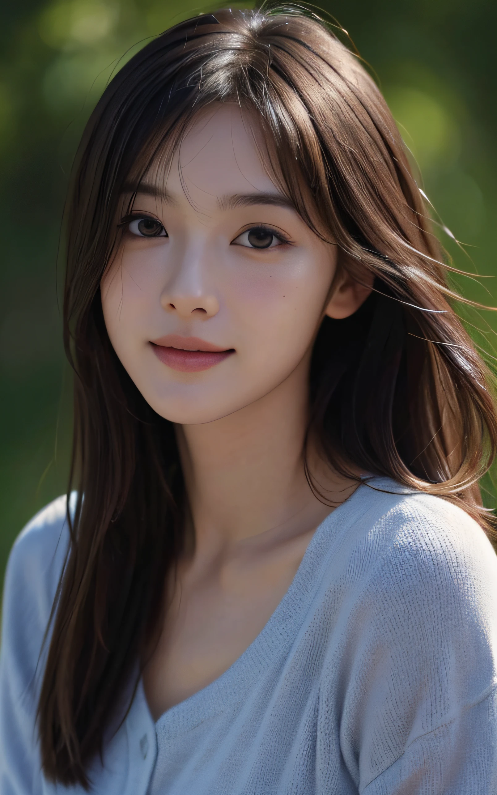 masutepiece, The highest image quality, High quality, Beautiful Girl, Japanese, , sixteen y Cute, Detailed, Swollen eyes, Detailed eyes, Detailed skin, Beautiful skin, Ultra High Resolution, (reality: 1.4),Very beautiful, Beautiful skin, slender, (A hyper-realistic), (High resolution), (8K), (Very detailed) (Best Illustration), (beautifully detailed eyes), (super detailed), (Wallpaper), (Detailed face), Fine details, Detailed face, Smiling, Looking straight ahead, Looking straight ahead, angle from waist up, photos realistic, Bright lighting, Professional Lighting, dark brown hair, Short hair, The ends of the hair are blown away by the wind, Bangs,