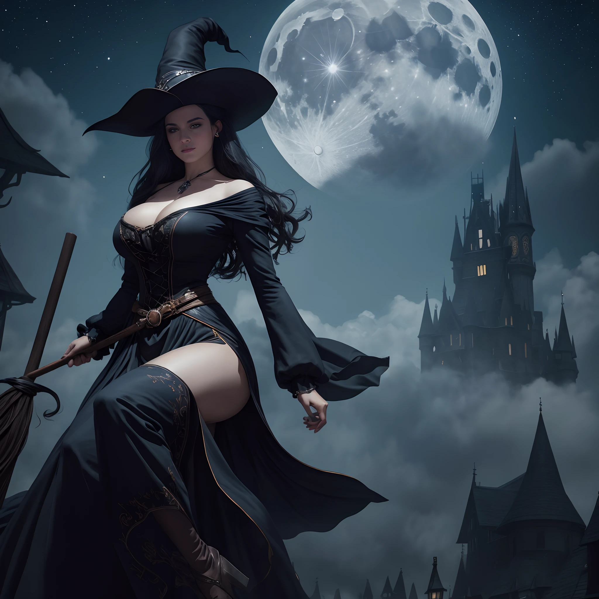 photo of a witch riding on a magic broom,  with the moon in the background, wearing long dress and tricorne, huge breasts, huge hip, small waist, in dark night, moon lighting, Cinematic shadows and detail brilliance, (smooth hair, detailed hair, very fine hair)