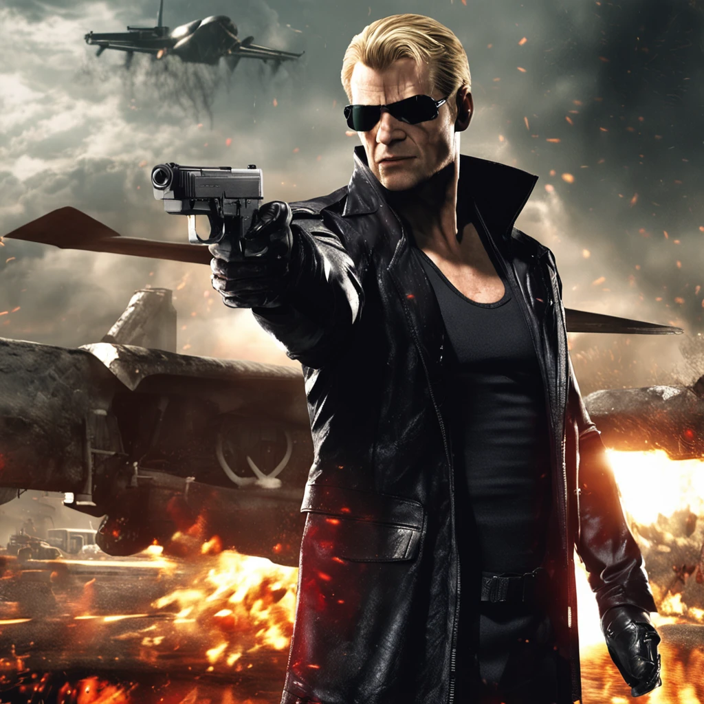 《Resident Evil 5》Albert Wesker, 48yo, Tall, hunk, lean muscles, Square faces, Wears small black tones, Sparse dirty blonde hair, Smooth back hairstyle, tidy hair, Cold face expression, audience looking, long coat of black color, Black zipper clothes, Red eyes and glowing eyes, menacing posture, Black gloves, Best quality, Masterpiece, high resolution:1.2, Flat style, upperbody shots, Dark corridor in the background, Center focus