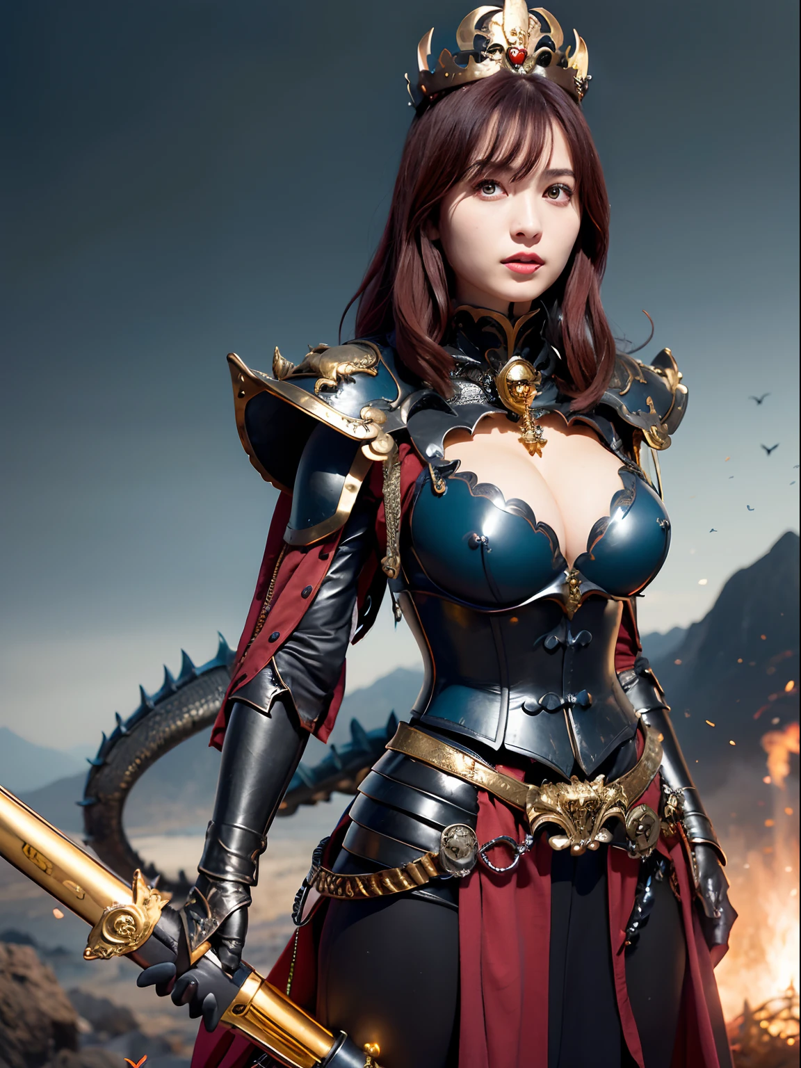 (masutepiece), Professional , ​masterpiece、top-quality、photos realistic , depth of fields 、（Dragon Black Metal Body:1.９),(Matte Blue Black、（cleavage of the breast）、Dragon Gold Weapon（Dragon Metal Body:1.４),Gorgeous gold weapons ,（（ Dragon's dense and gorgeous sword）） , （demonic wings）   ,warhammer 40k , adepta sororitas,Detail and gorgeous crown、（（Red hair））、（Castle background）、（（Gangle's forest background））、Beautiful Caucasian beauty、１a person、dynamic ungle,(((Detailed and ornate Black Dragon Crown)))、Smaller head、A smile、Castle background、Thin and beautiful female hands、cleavage of the breast、Soldier in iron armor on background、Mystical expression、Light Effects、intense fighting、Wind-effect、magic circles、With the legendary magic wand、Dragon's tail、