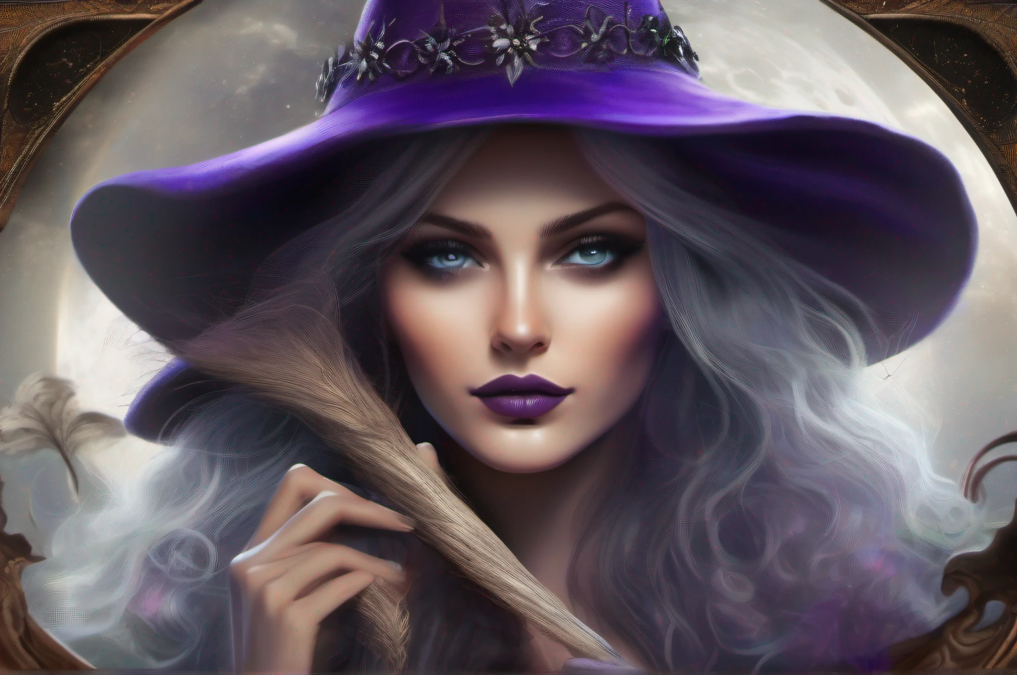 "((a witch flying on her broomstick:1.5)),mysterious with a bewitching presence,Make her with intricate details, a blend of elegance and darkness. Highlight her intense eyes, garnished with a touch of mystical purple. Let her dress flowing, embellished with "silver accents that add an extra touch of elegance. Surround it with wisps of ethereal magic and a moonlit night sky as your backdrop. Create a sense of intrigue and fascination, with shadows and reflections"