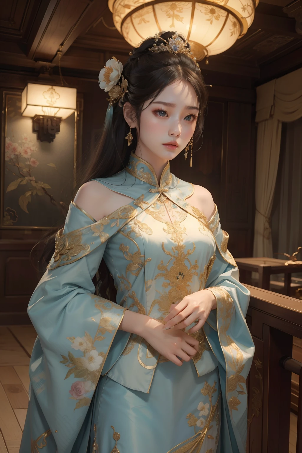 ((top-quality、​masterpiece、photographrealistic:1.4、in 8K))、Beautuful Women、full bodyesbian、delicate and beautiful face、Chinese Princess、（Chinese style luxury dresses and headdresses）、Luxury accessories、Cinematic lighting、Textured skin、Super Detail、high detailing、High quality、hight resolution、（A Chinese castle in the background）、florals、The tree、bamboo