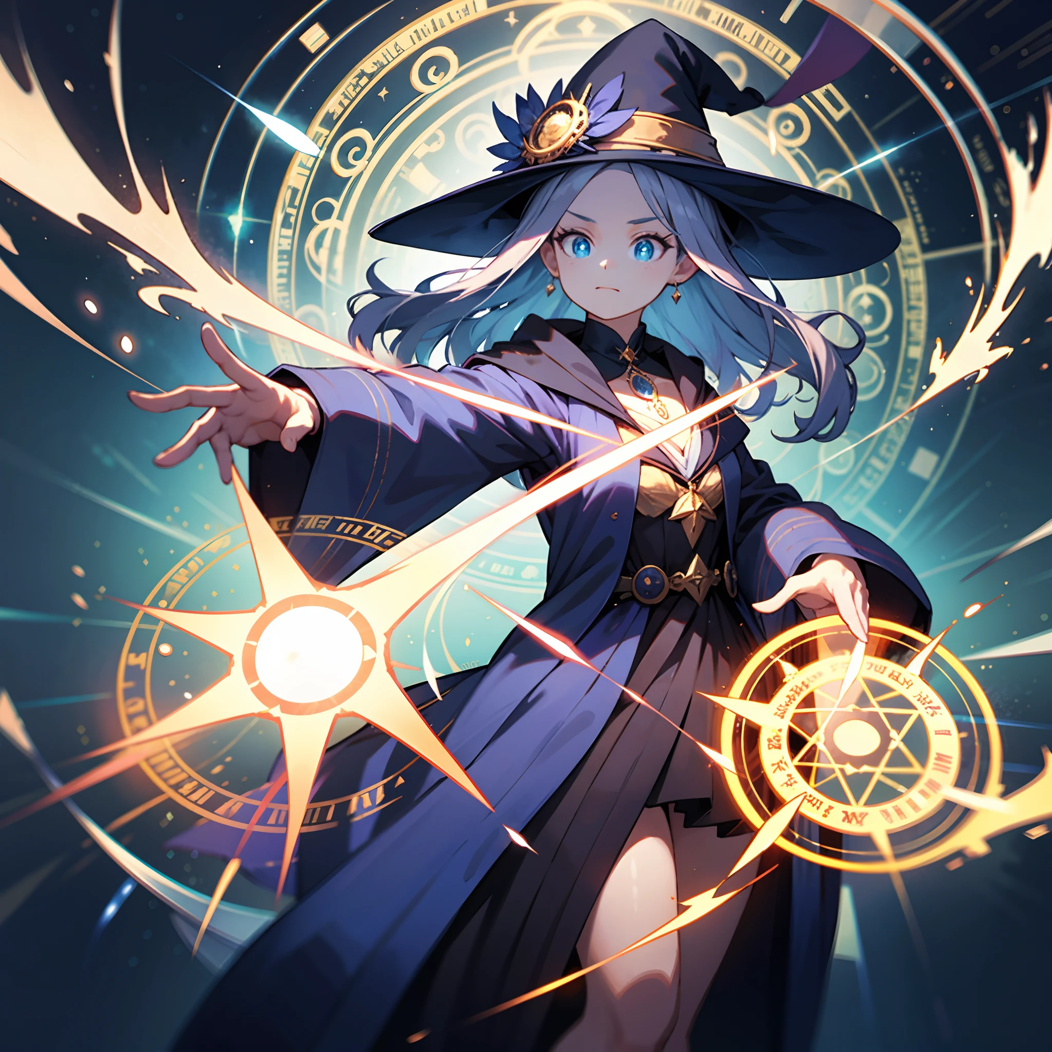 A long-nosed old witch casts magic with her wand. Composed of dynamic angles, it is a powerful fractal art. add many large magic circle effects.