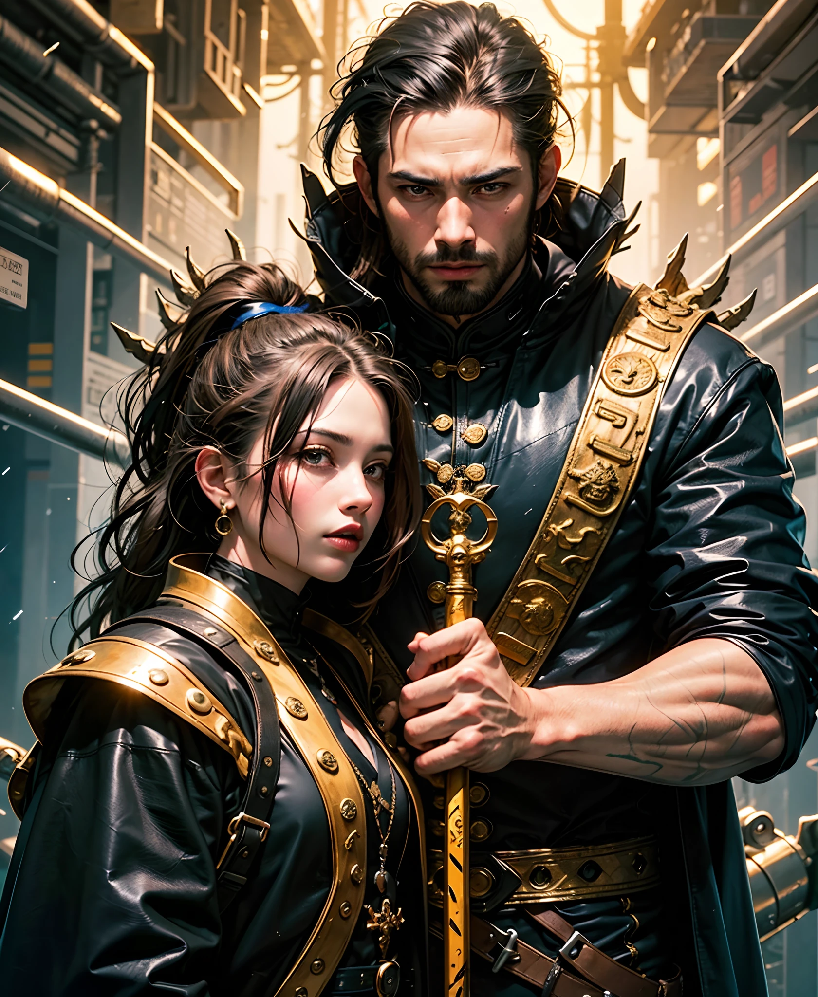 grown up, Mature man 35 years old.
European facial features. volitional, Firm chin. Dark big, Oriental eyes.
Black long hair gathered in a Chinese ponytail.
ah high, muscular.
Dressed in a black leather detailed raincoat, with metal shoulder pads.
He holds a Chinese blade in his hand. fantasy world. Blend of black gold, Gold Pattern, Dragon Pattern Road, prince, palace. Lightning effect.