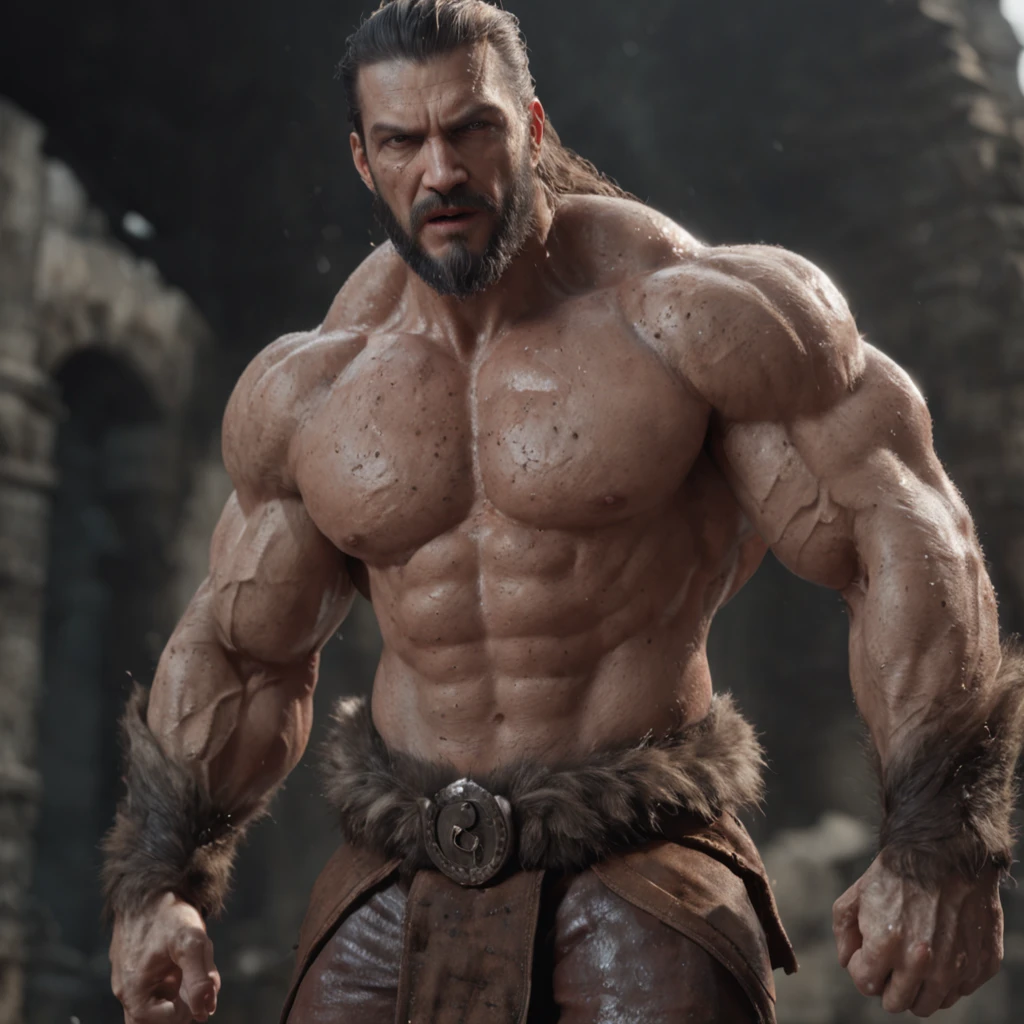 (professional 3d render:1.3) af (Realistic:1.3) most beautiful artwork photo in the world,Features soft and shiny male heroes, ((Epic hero fantasy muscle man rough wet hero angry looking long hair short beard and ferocious expression in dynamic pose, Fantastic location, Majestic cluttered environment)), Full body 8K unified rendering, action shot, skin pore, very dark lighting, heavyshading, Detailed, Detailed face, (vibrant, photograph realistic, Realistic, Dramatic, Dark, Sharp focus, 8K), (Old leather garments damaged by weathering:1.4), ((((Wear fur)))), (Intricate:1.4), decadent, (Highly detailed:1.4), Digital painting, rendering by octane, art stations, concept-art, smooth, Sharp focus, illustration, Art germ, (loish:0.23), wlop ilya kuvshinov, and greg rutkowski and alphonse mucha gracias, (Global illumination, Studio light, volumettic light), heavy rain, particles floating, lotr, fantasy, elf, full bodyesbian, ((Dark and ancient city background:1.3)),CGSesociety,art stations