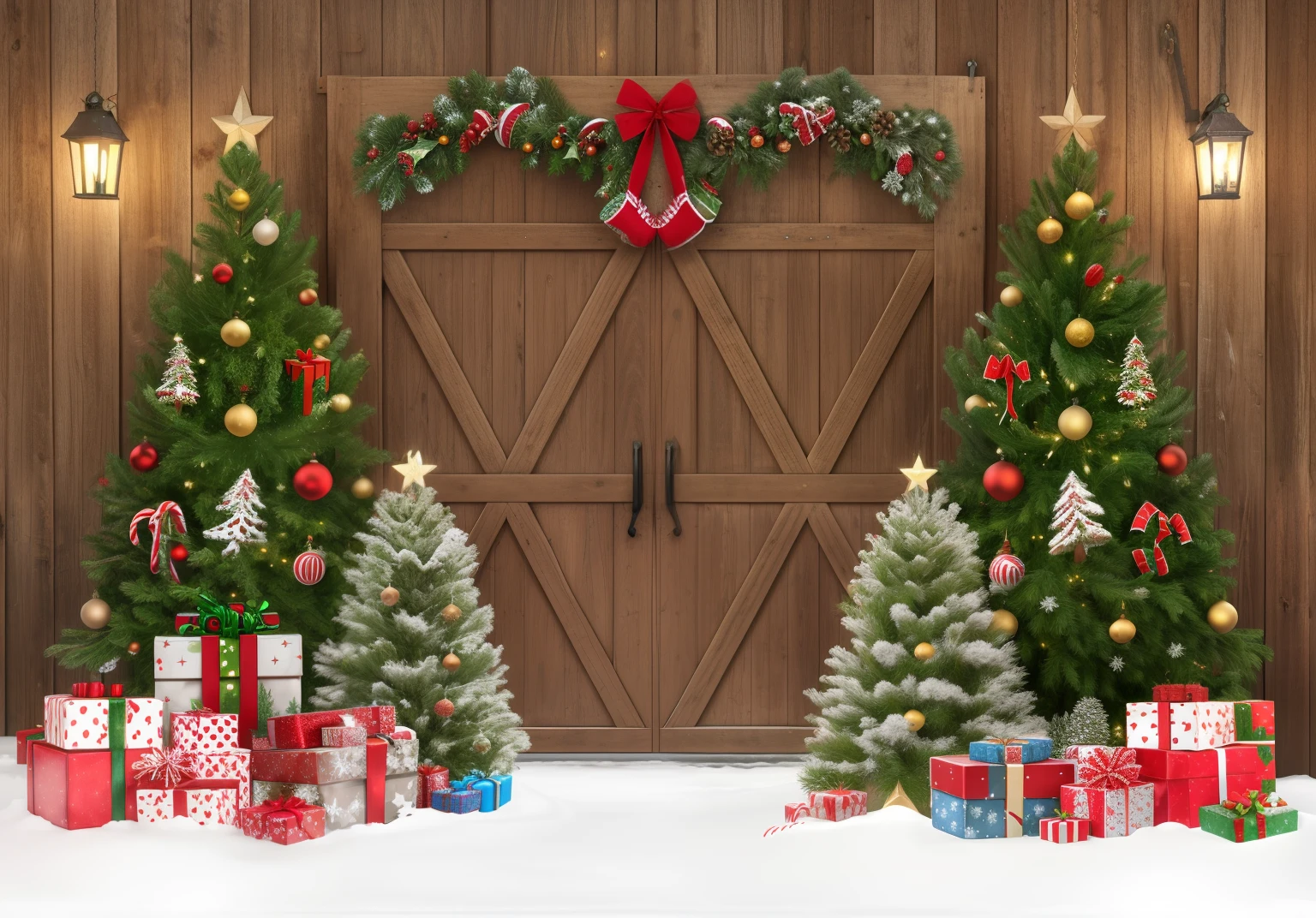 Close up of Christmas scene with gifts and barn door, Santa Claus in a country barn, festivity, Rustic, hd —h 1024, hight decorated, 8K, 8 k'', warm, 3 2 x 3 2, Merry, Santa Claus Studio, 8K)), snowy winter christmas night, There are a lot of thin decorations, Beautiful