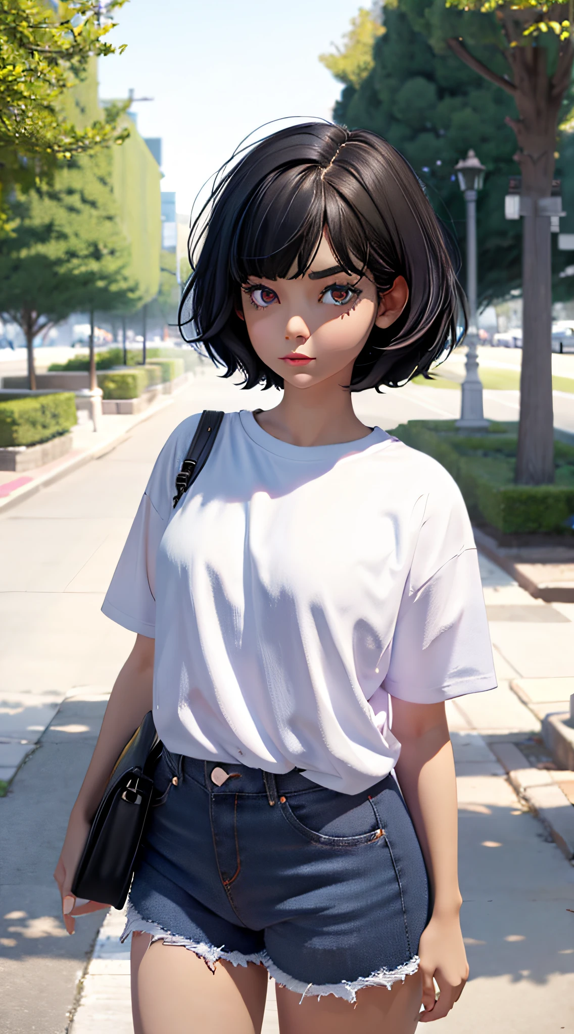 1girl,short black hair,indigo eyes,white tshirt,navy blue short jeans,park background