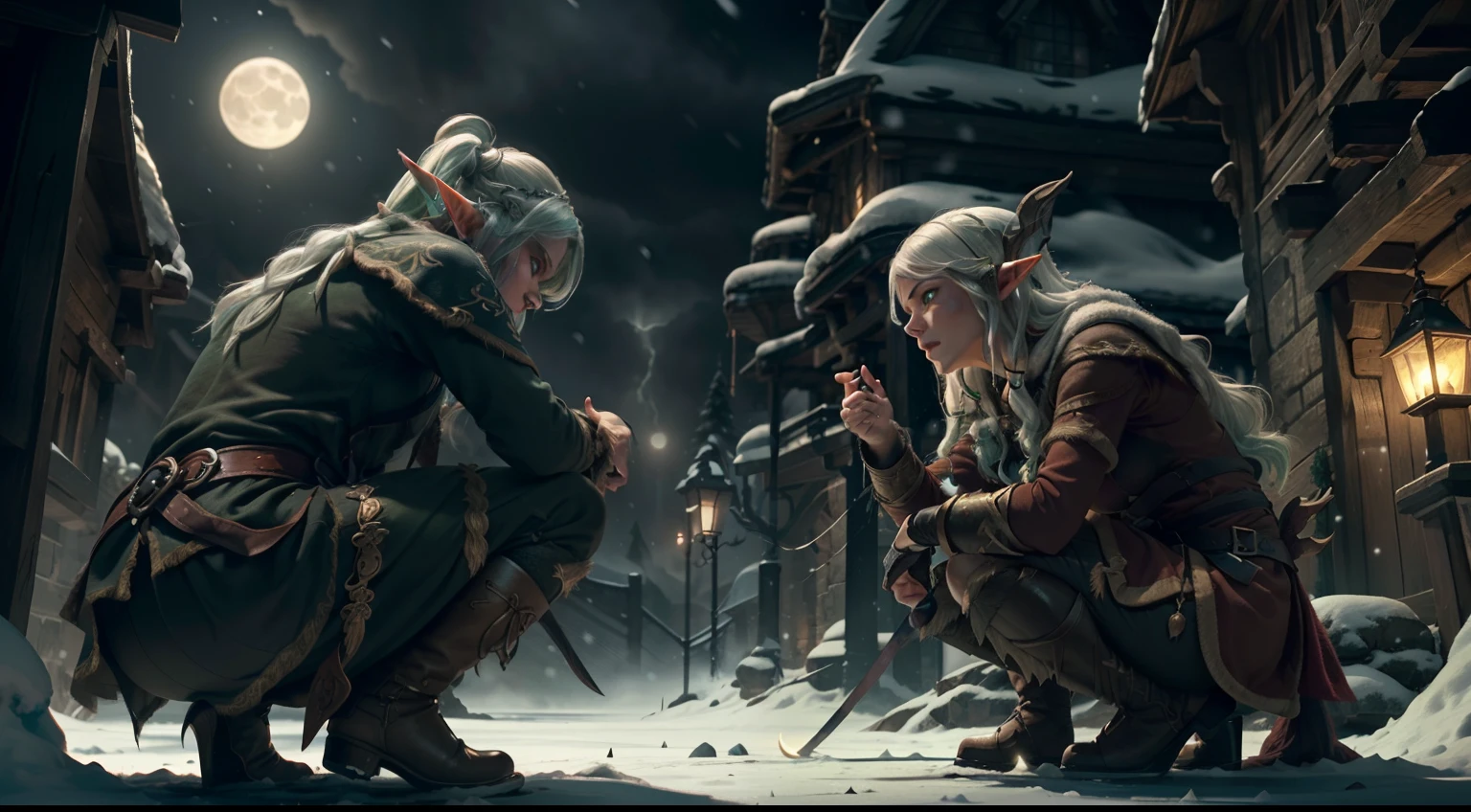 Perdelative, insane details, beautifully color-graded, Unreal engine, Depth of field, extra high resolution, megapixel, Cinematic Lightning, Smoothing, insanely detailed and intricate , Hyper maximalist, hyper realistic, volumetric, Photorealistic, ultra photorealistic, ultra- detailed, intricate details, 8K, Super detailed , Full color, voluminous lighting, HDR, Realistic, Unreal engine, 16k, sharp-focus, Octane Render, RTX. Incredibly detailed faces, Incredible fingers, Unbelievable eyes, Incredible hair, Incredible hands. (((( In the foreground, 2 elves squatting, Two characters next to each other )))) ( white colored hair, green hair, Beautiful facial features, Proportioned face, In the hands of a bow and magic items ) (( Ao fundo, A city with a gloomy atmosphere, skyrim, Oblivion, Whiterun Skyrim, Whiterun Prison )) ((( Medieval times, Magic, rays, beautiody, ))) (((( the night, in night )))) ((( He reaches for the camera with his hand ))) ((( hide ))) ((( Incredible atmosphere, moon light, luna, nostalgia ))) (Pitch Black Night、Deep fog) ( 50mm lens、30mm film ) ( beautiful breasts, bottom ) (( Winter lighting )) (( It's snowing ))