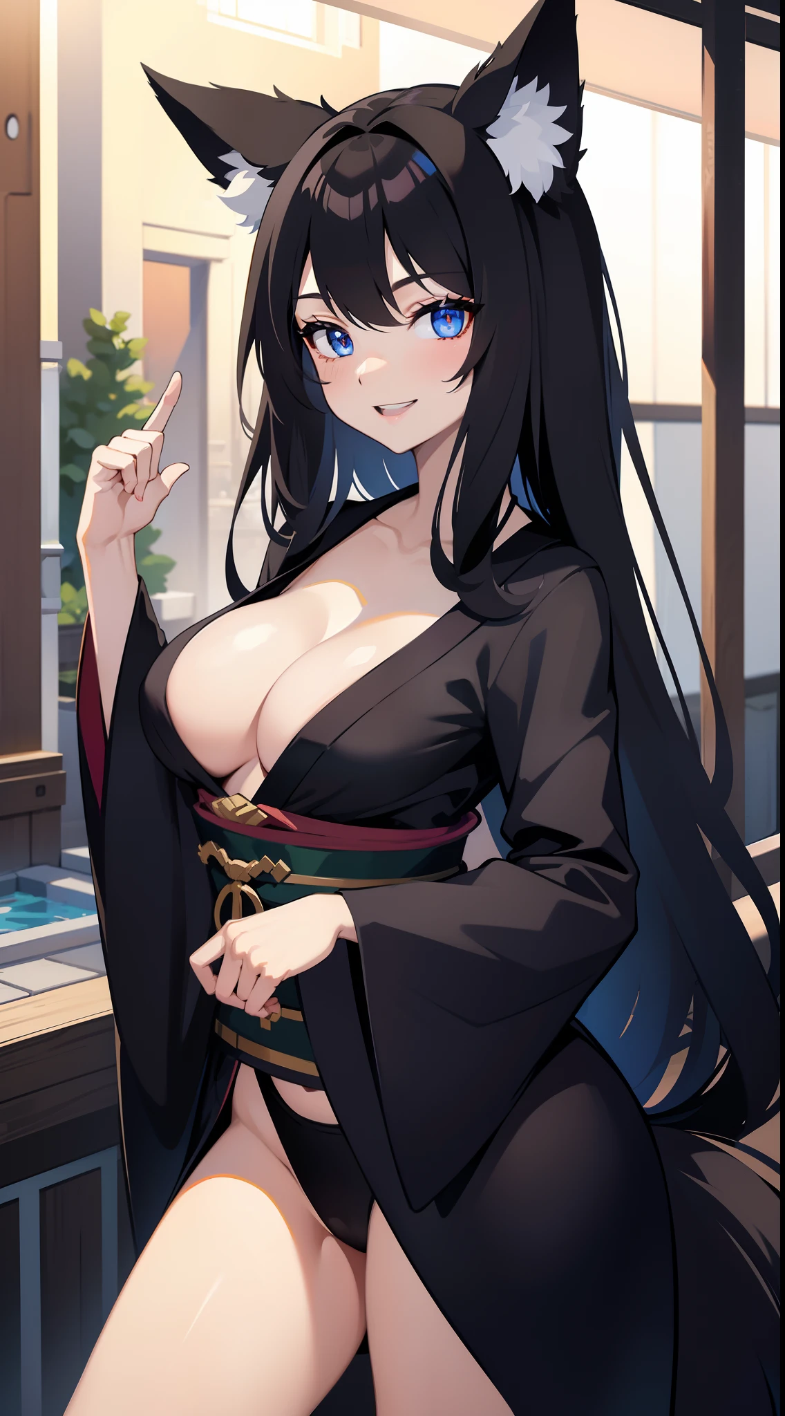 adult girl, Long black hair, Fox ears, blue eyes, black kimono, briefs, open breasts, Smile, tooth, Masterpiece, hiquality