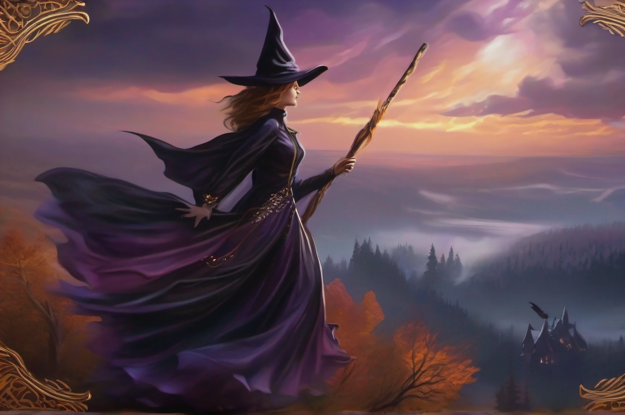 "((a witch flying on her broomstick:1.5)),mysterious with a bewitching presence,Make her with intricate details, a blend of elegance and darkness. Highlight her intense eyes, garnished with a touch of mystical purple. Let her dress flowing, embellished with "silver accents that add an extra touch of elegance. Surround it with wisps of ethereal magic and a moonlit night sky as your backdrop. Create a sense of intrigue and fascination, with shadows and reflections"