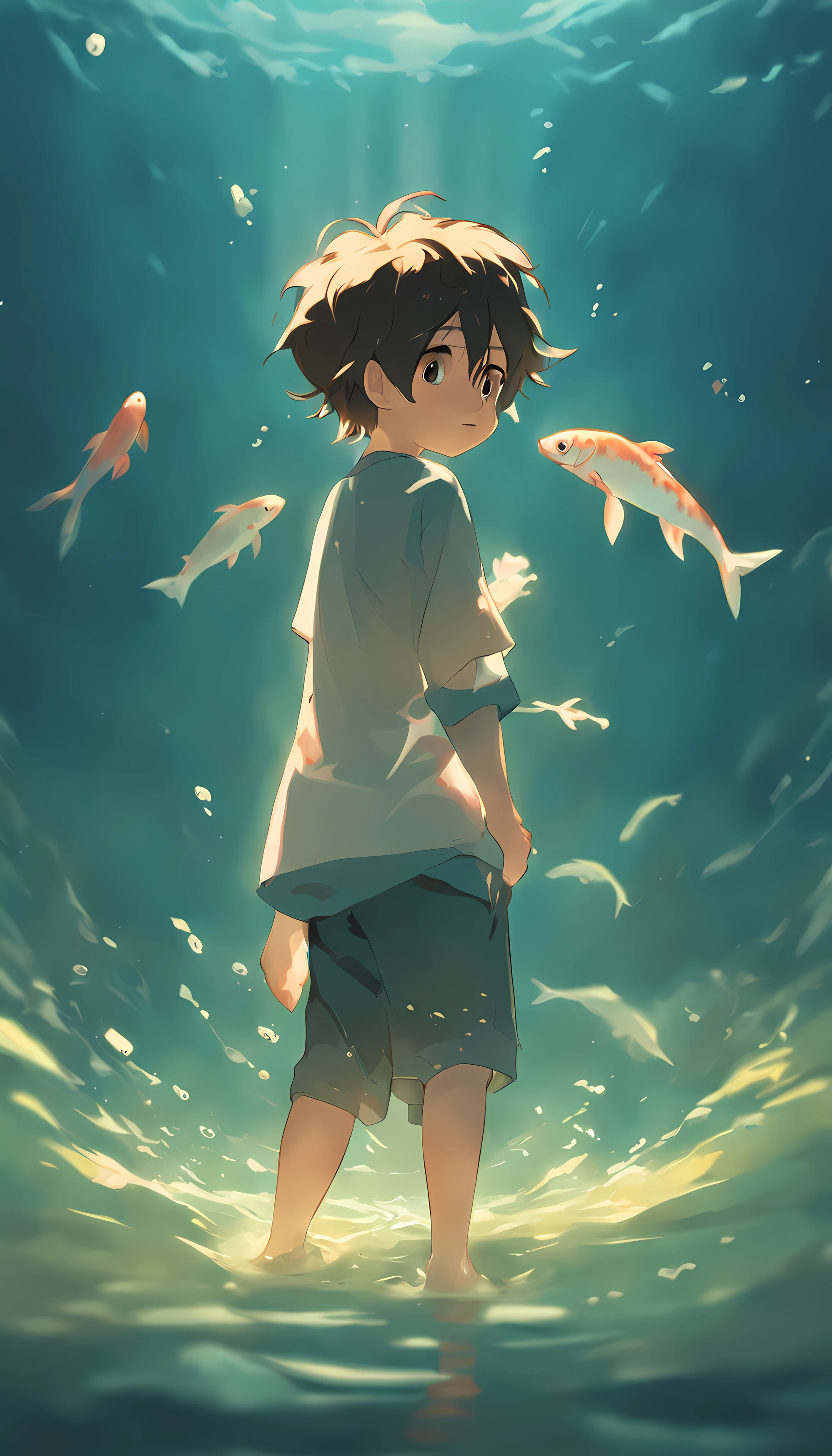 Cinematic quality,style of disney animation,The little boy holds a koi in his arms,Swim in the sea,short detailed hair,The barefoot,depth of fields,high light,Real light,Ray traching,oc rendered,Ultra photo realsisim,best qualtiy,8K,Master the technology,Detailed anatomy of the human body,sharp focus on eyes,Detailed depiction of facial features,Bokeh effect