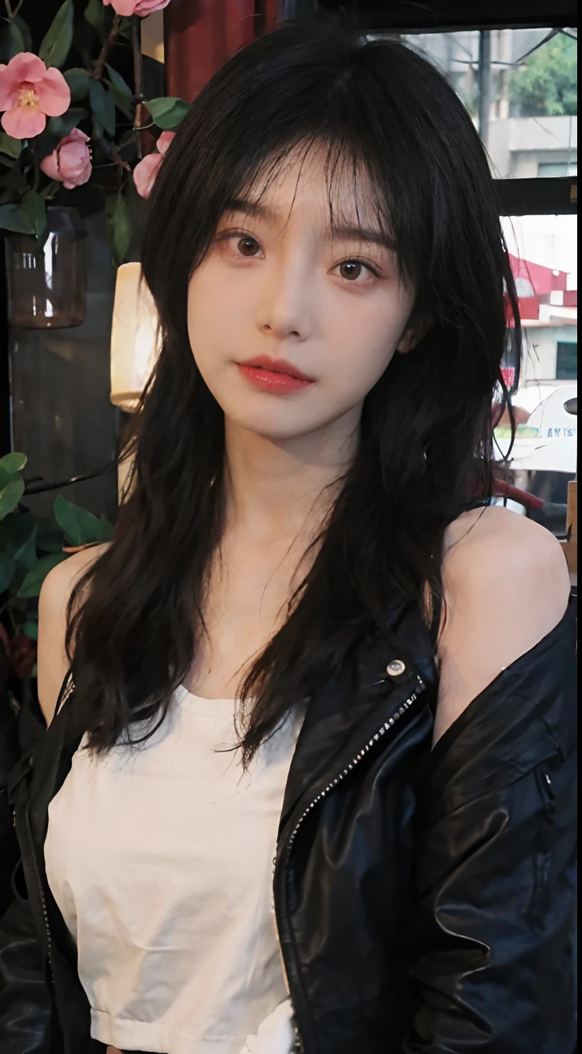 Extra-long hair，cropped shoulders， A pair of charming peach blossom eyes，Long burgundy hair，Black CE leather jacket，punky style，full bodyesbian