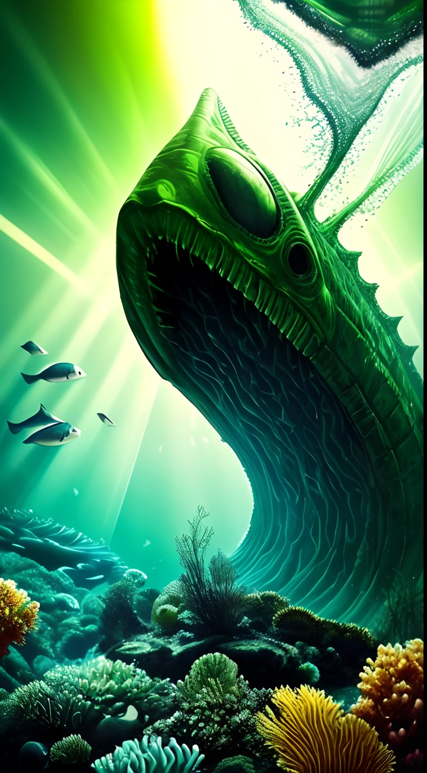 Under the shroud of nuclear pollution, the marine life worldwide began to mutate, turning into monstrous forms. The entire picture is covered with a fluorescent green tone, symbolizing nuclear radiation. The light shines down from the water surface, illuminating the bizarre shapes of these mutated creatures. The picture has a wide depth of field, and the endless ocean is filled with the figures of these monsters, forming a grand picture.,QMSJ, --auto