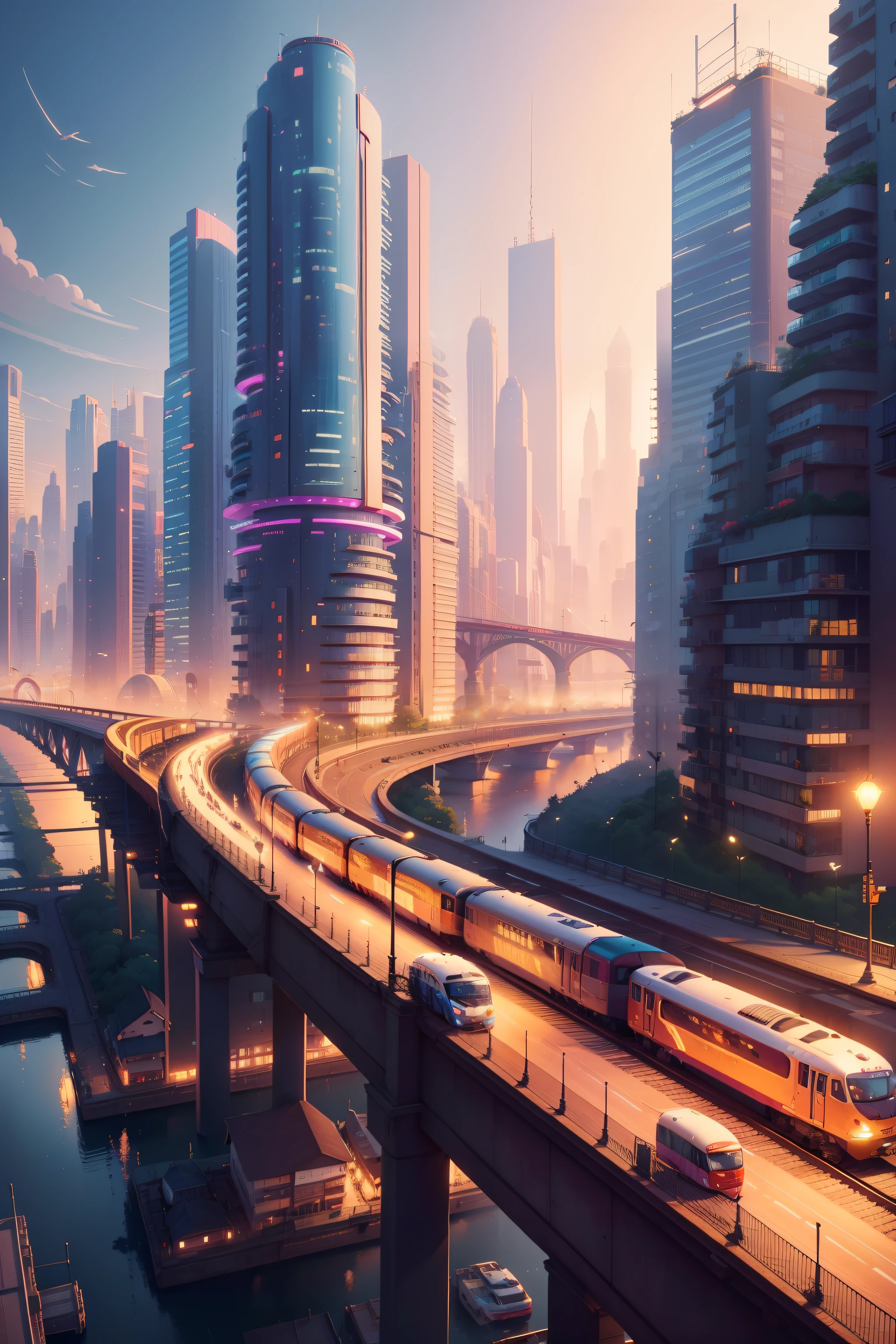 Painting of a city with a train crossing a bridge,Bustling city，Colorful flower rolls，4 k hd wallpaper illustration, Stylized urban fantasy artwork, arte de fundo, inspired by sylvain sarrailh, soaring towers and bridges, anime style cityscape, Utopian city, 4K detailed digital art, Beautiful cityscape, 8K high quality detailed art