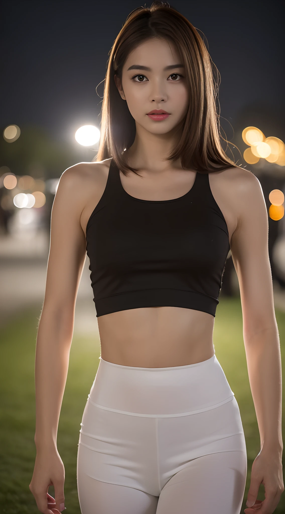 A close up of a woman in a black top and white shorts - SeaArt AI
