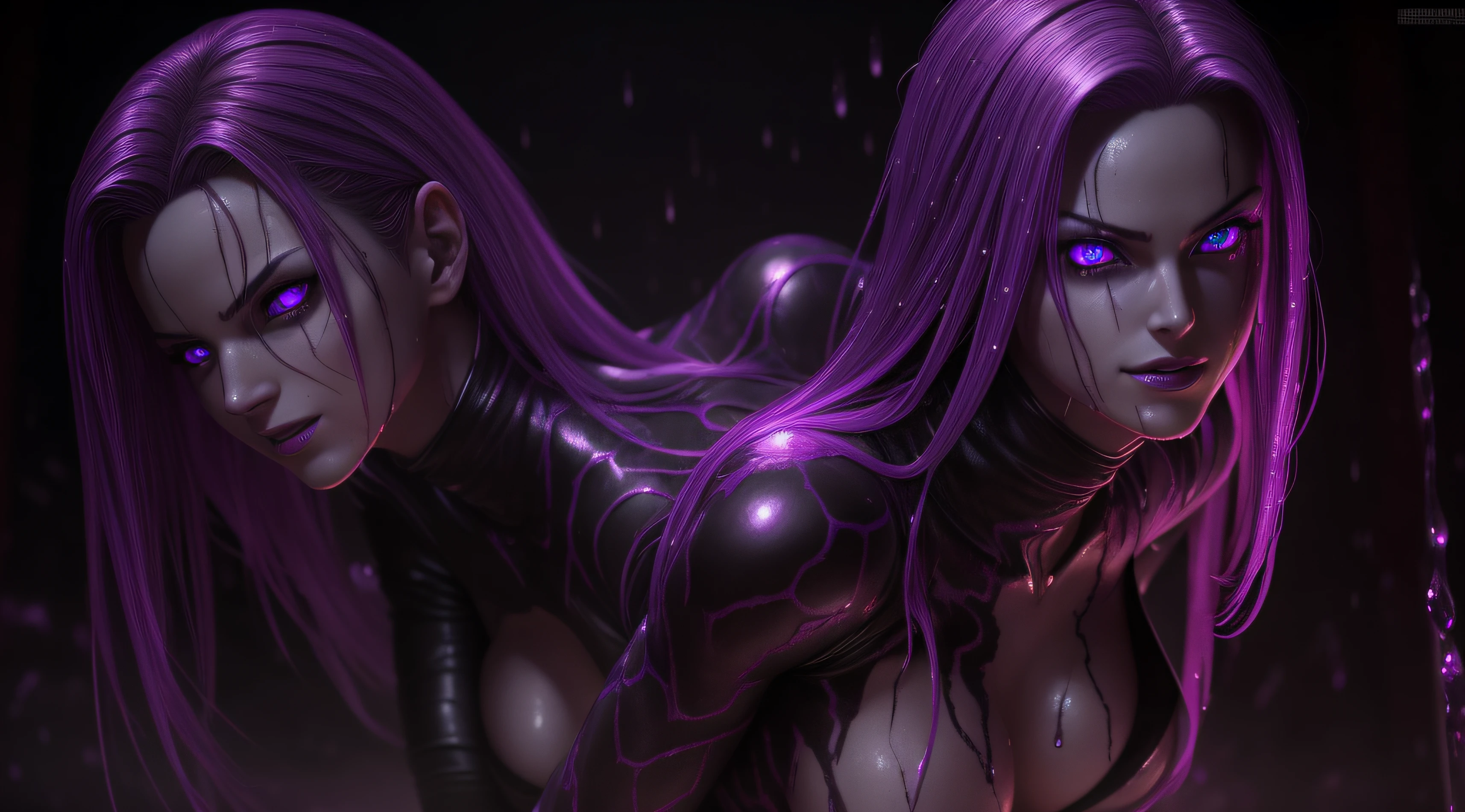 sexy android 18, Glow, seductive, glowing purple eyes , sexy , (ultra photorealistic:1.3), (masterpiece:1.4), best quality, ((realistic)), high quality, ultra detailed, ((real image)), ((realistic skin)), ((realistic face)),(illustration:1.05), (beautiful:1.05), (beautiful detailed eyes:1.05), (cinematic light:1.1), Extremely realistic , evil , wet ,corrupted , black veins ,parasites , dark energy , swarm, hive , grin , sadistic, wet, purple glow ,possessed. teasing , tentacles, arms above head , dancing , stripping