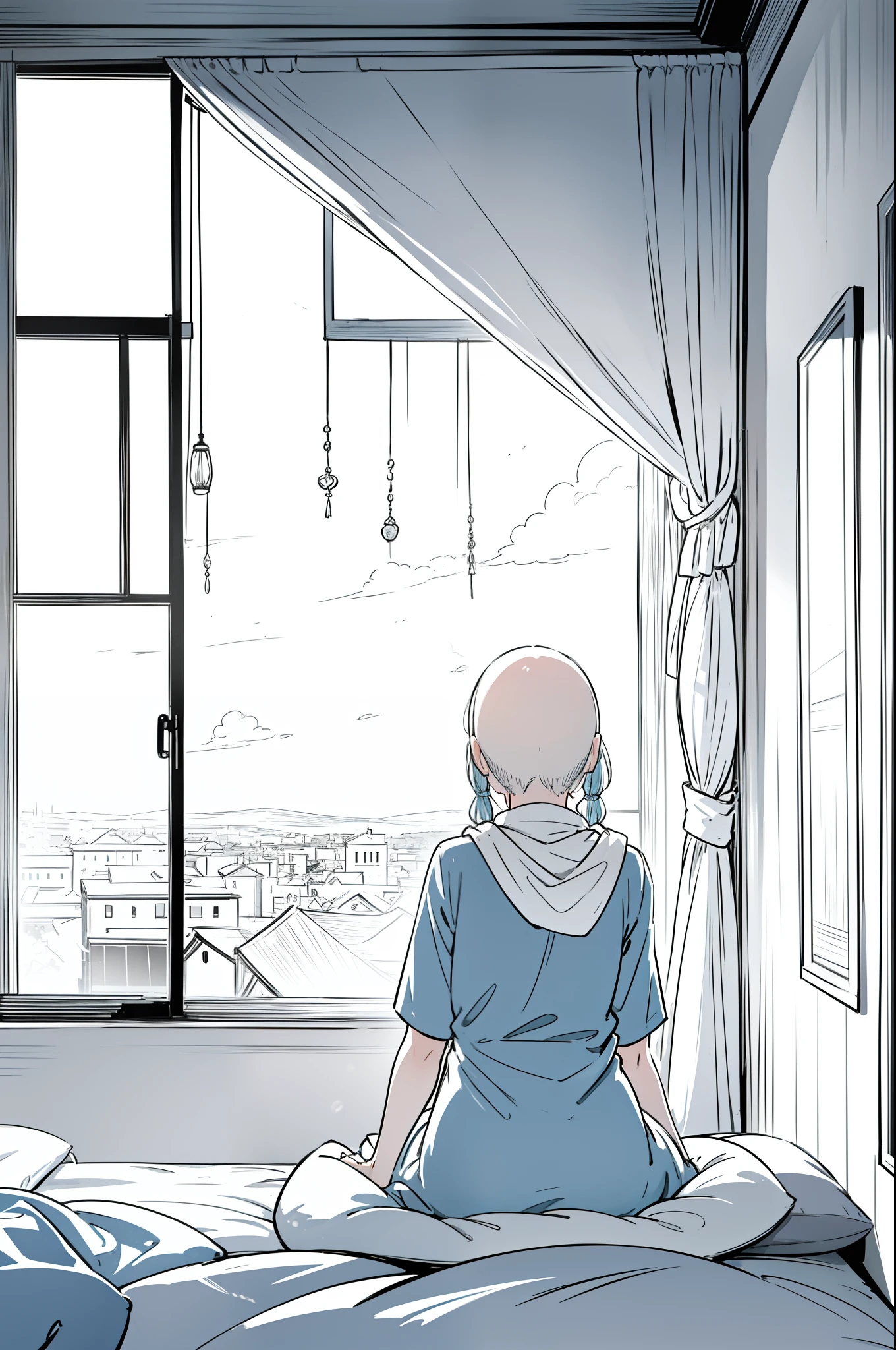 An old bald lady sat on the bed closest to the window，A silk scarf was wrapped around his head，Beautiful sunset facing out the window。She turned her back to the room，It seems lonely。Next to the bed was the wife with her head bowed，Silent。