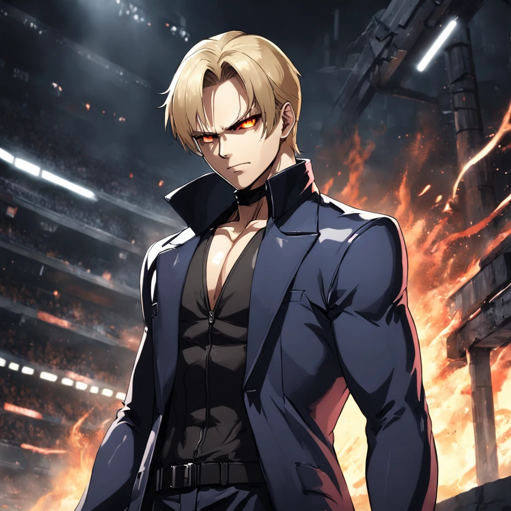 《Resident Evil 5》Albert Wesker, , Tall, hunk, lean muscles, Square faces, Wears small black tones, Sparse dirty blonde hair, Smooth back hairstyle, tidy hair, Cold face expression, audience looking, long coat of black color, Black zipper clothes, Red eyes and glowing eyes, menacing posture, Black gloves, Best quality, Masterpiece, high resolution:1.2, Flat style, upperbody shots, Dark corridor in the background, Center focus