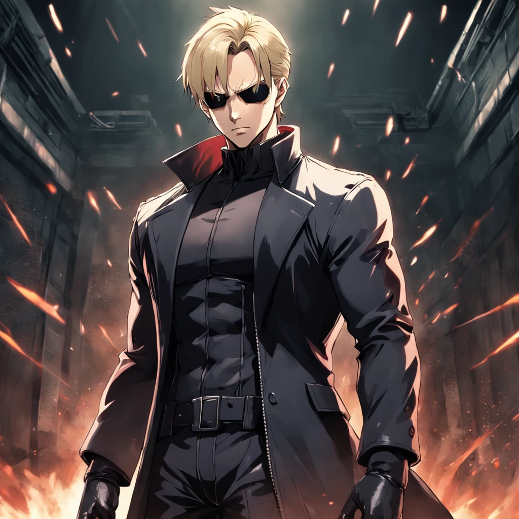 《Resident Evil 5》Albert Wesker, , Tall, hunk, lean muscles, Square faces, Wears small black tones, Sparse dirty blonde hair, Smooth back hairstyle, tidy hair, Cold face expression, audience looking, long coat of black color, Black zipper clothes, Red eyes and glowing eyes, menacing posture, Black gloves, Best quality, Masterpiece, high resolution:1.2, Flat style, upperbody shots, Dark corridor in the background, Center focus