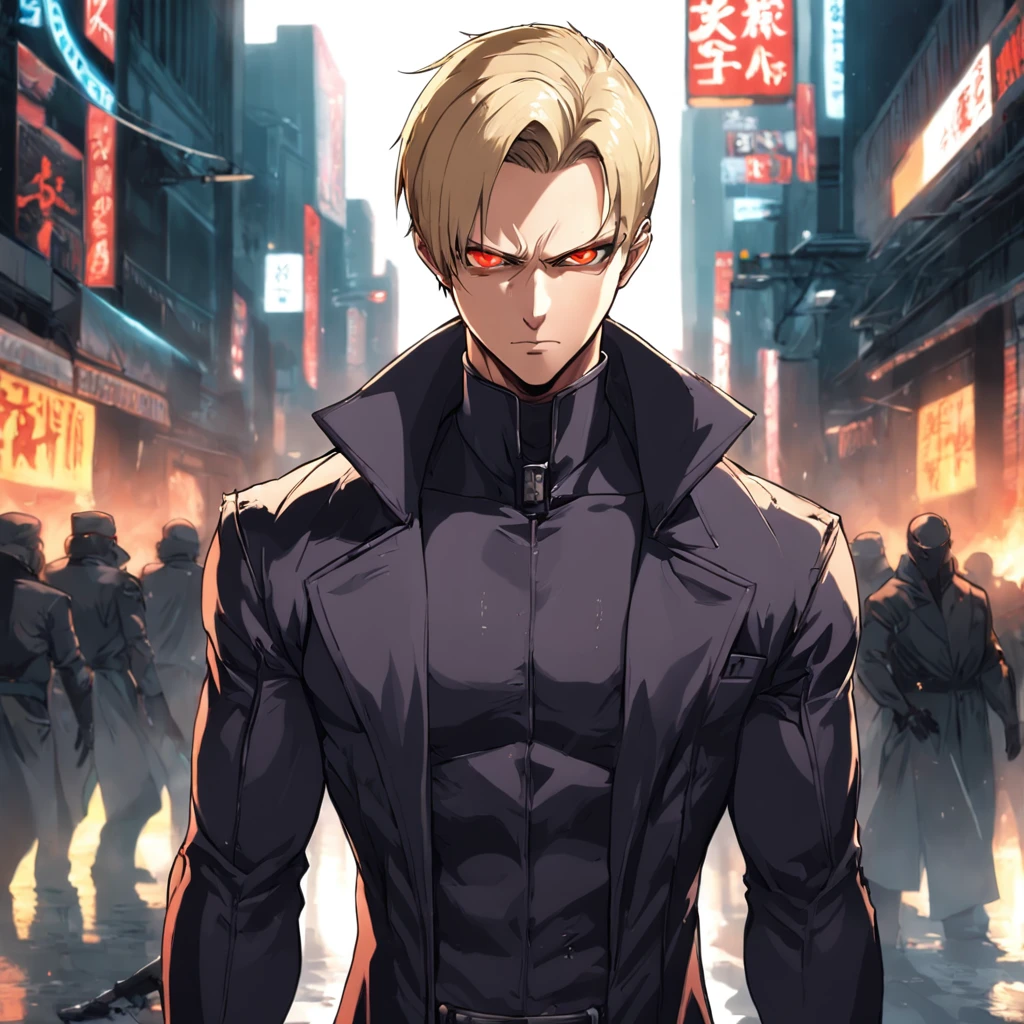《Resident Evil 5》Albert Wesker, , Tall, hunk, lean muscles, Square faces, Wears small black tones, Sparse dirty blonde hair, Smooth back hairstyle, tidy hair, Cold face expression, audience looking, long coat of black color, Black zipper clothes, Red eyes and glowing eyes, menacing posture, Black gloves, Best quality, Masterpiece, high resolution:1.2, Flat style, upperbody shots, Dark corridor in the background, Center focus