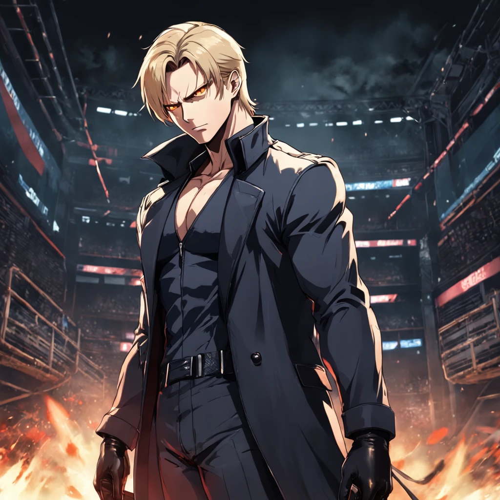 《Resident Evil 5》Albert Wesker, , Tall, hunk, lean muscles, Square faces, Wears small black tones, Sparse dirty blonde hair, Smooth back hairstyle, tidy hair, Cold face expression, audience looking, long coat of black color, Black zipper clothes, Red eyes and glowing eyes, menacing posture, Black gloves, Best quality, Masterpiece, high resolution:1.2, Flat style, upperbody shots, Dark corridor in the background, Center focus