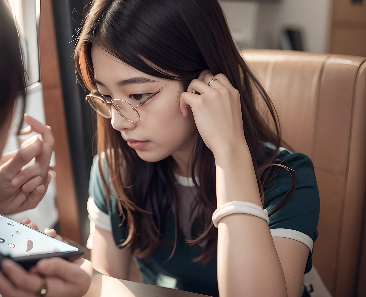 Comic style，There was a woman sitting at a table，holding cell phone, Student, Li Zixin, checking her phone, xintong chen, wenfei ye, Shot on Canon EOS R 6, candid shot, A young Asian woman, wearing thin large round glasses, checking her phone, research, mingchen shen, Qiu Fang, gongbi, jinyiwei