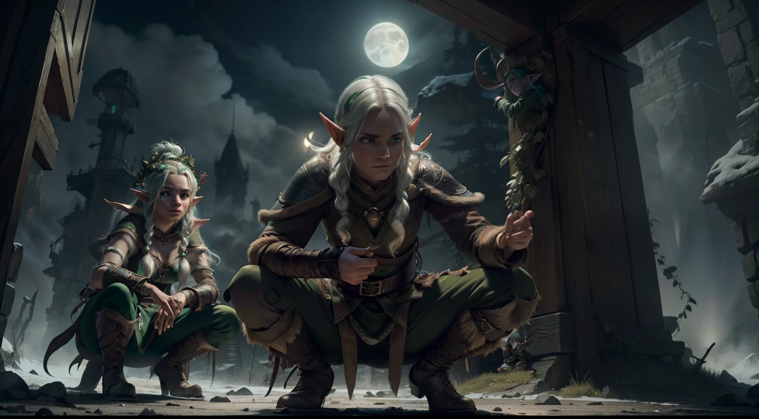 Perdelative, insane details, beautifully color-graded, Unreal engine, Depth of field, extra high resolution, megapixel, Cinematic Lightning, Smoothing, insanely detailed and intricate , Hyper maximalist, hyper realistic, volumetric, Photorealistic, ultra photorealistic, ultra- detailed, intricate details, 8K, Super detailed , Full color, voluminous lighting, HDR, Realistic, Unreal engine, 16k, sharp-focus, Octane Render, RTX. Incredibly detailed faces, Incredible fingers, Unbelievable eyes, Incredible hair, Incredible hands. (((( In the foreground, 2 elves squatting, Two characters next to each other )))) ( white colored hair, green hair, Beautiful facial features, Proportioned face, In the hands of a bow and magic items ) (( Ao fundo, A city with a gloomy atmosphere, skyrim, Oblivion, Whiterun Skyrim, Whiterun Prison )) ((( Medieval times, Magic, rays, beautiody, ))) (((( the night, in night )))) ((( He reaches for the camera with his hand ))) ((( hide ))) ((( Incredible atmosphere, moon light, luna, Small Northern Lights, nostalgia ))) (Pitch Black Night、Deep fog) ( 50mm lens、30mm film ) ( beautiful breasts, bottom )