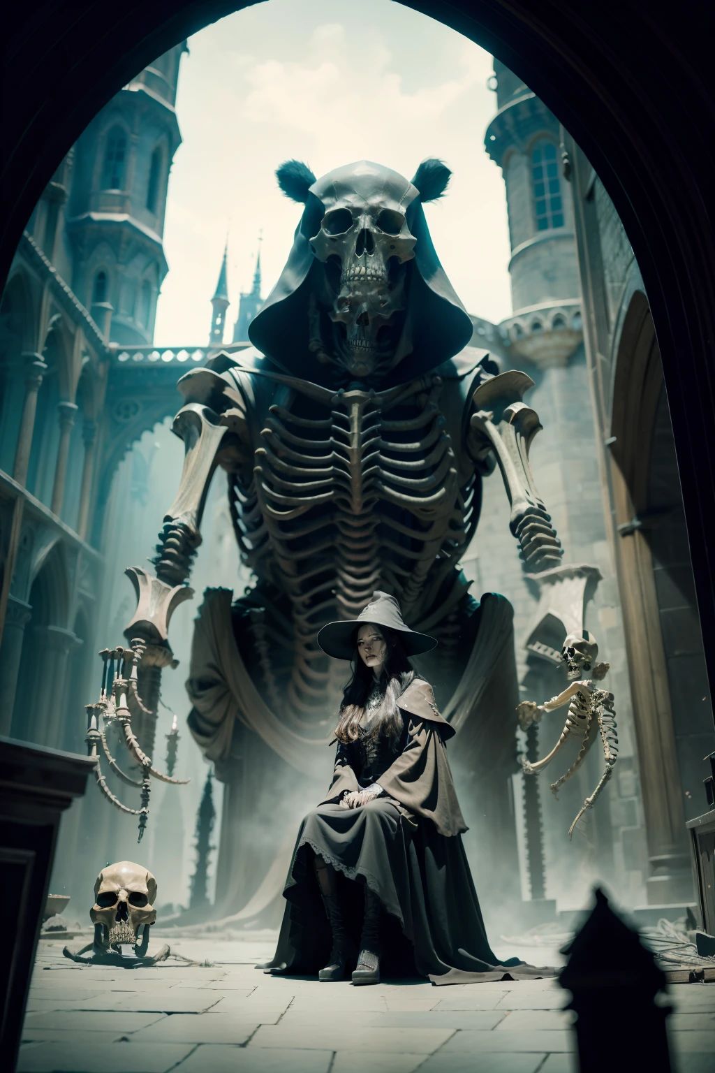 (Beautiful witch sitting in front of the skeleton of a super giant bear:1.4) ,gloomy castle,Spooky and terrifying,The skull is on the ground,depth of fields,high light,Real light,Ray traching,OC renderer,UE5 renderer,Hyper-realistic,best qualtiy,8K,Works of masters,super-fine,Detailed pubic hair,Correct anatomy,