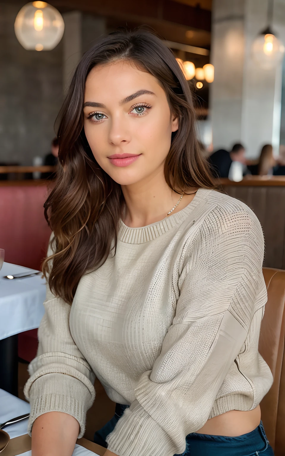 https://s.mj.run/xmsJ5LgMbcM this image, beautiful brunette wearing beige sweater (having lunch inside a modern restaurant), very detailed, 40 years, innocent face, long hair, natural wavy, blue eyes, high resolution, masterpiece, best quality, intricate details, highly detailed, sharp focus, detailed skin, realistic skin texture, texture, detailed eyes, professional, 4k, charming smile, shot on Canon, 85mm, shallow depth of field, kodak vision color, perfect fit body, extremely detailed, foto_\(ultra\), photorealistic, realistic, post-processing, maximum detail, roughness, real life, ultra realistic, photorealism, photography, 8k uhd, photography