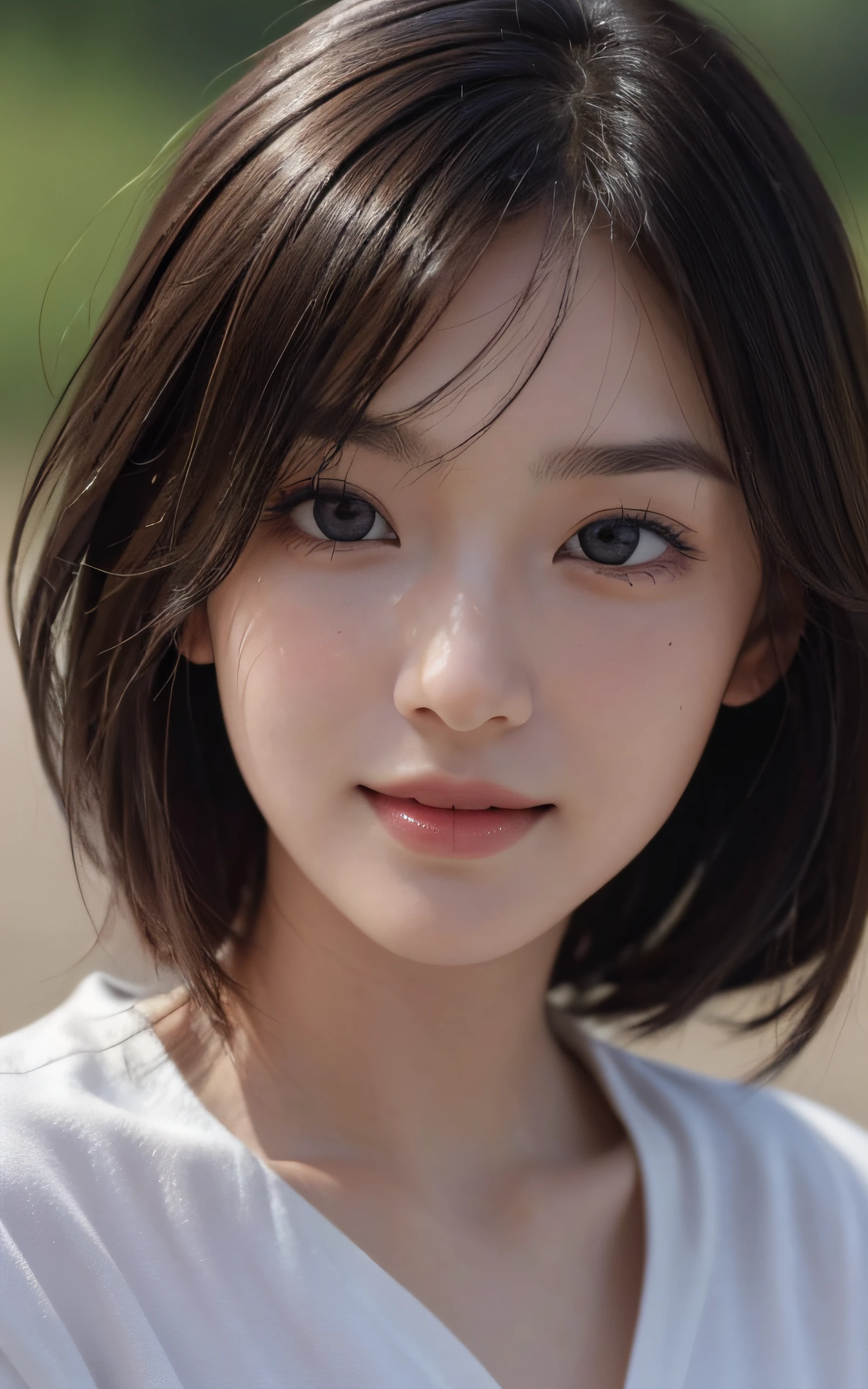 Masterpiece, best picture quality, high quality, beautiful girl, Japanese, , 16-year-o, ly, cu short face, round face, detailed, swollen eyes, detailed eyes, detailed skin, beautiful skin, ultra high resolution, (reality: 1.4),very beautiful, beautiful skin, slender, (ultra realistic), (high resolution), (8K), (very detailed) (best illustration), (beautifully detailed eyes), (super detailed), (wallpaper), (detailed face), fine details, detailed face, smiling, looking straight ahead, looking straight ahead, angle from waist up, realistic photo, bright lighting, professional lighting, dark brown hair, short hair, the ends of the hair are blown up by the wind, long stylish bangs,