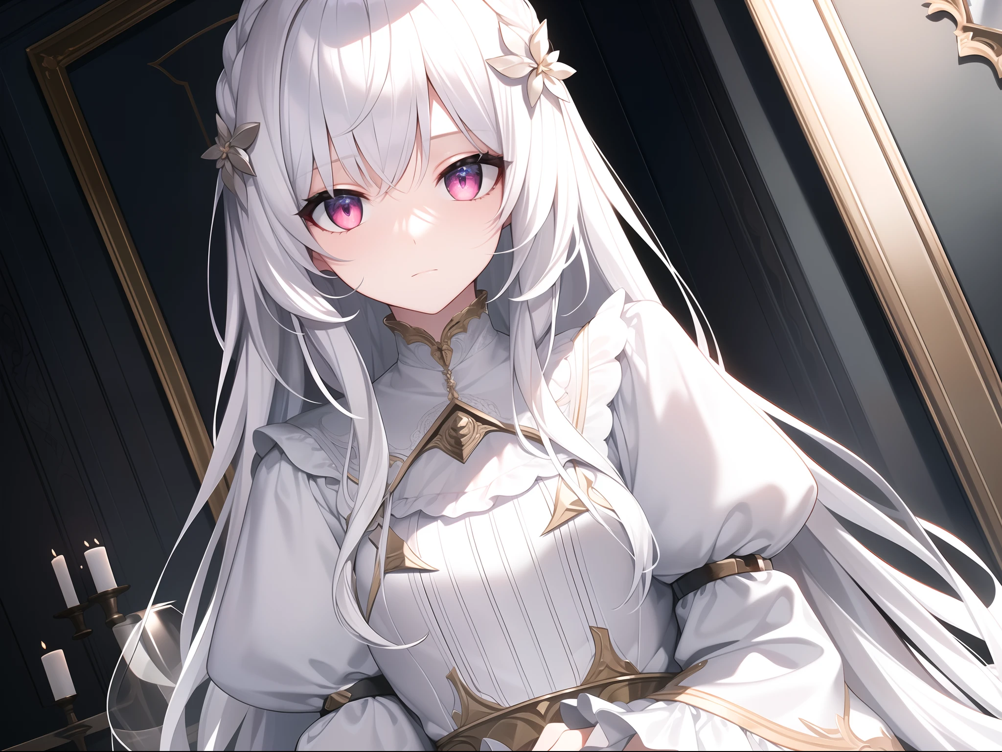 ((Masterpiece, Best quality))++, Detailed light+, Detail hair+, detail hand+ ,1girll, woman, Long hair, Crimson eyes, Beautiful eyes, Young gray hair,,(Beautiful white hair:1.5),(Beautiful detailed eyes), high resolution+, blacksilk , a black skirt, Glass tones, Reflective eyes, {{Angle}} , extremelydetailedwallpaper, Original, ,