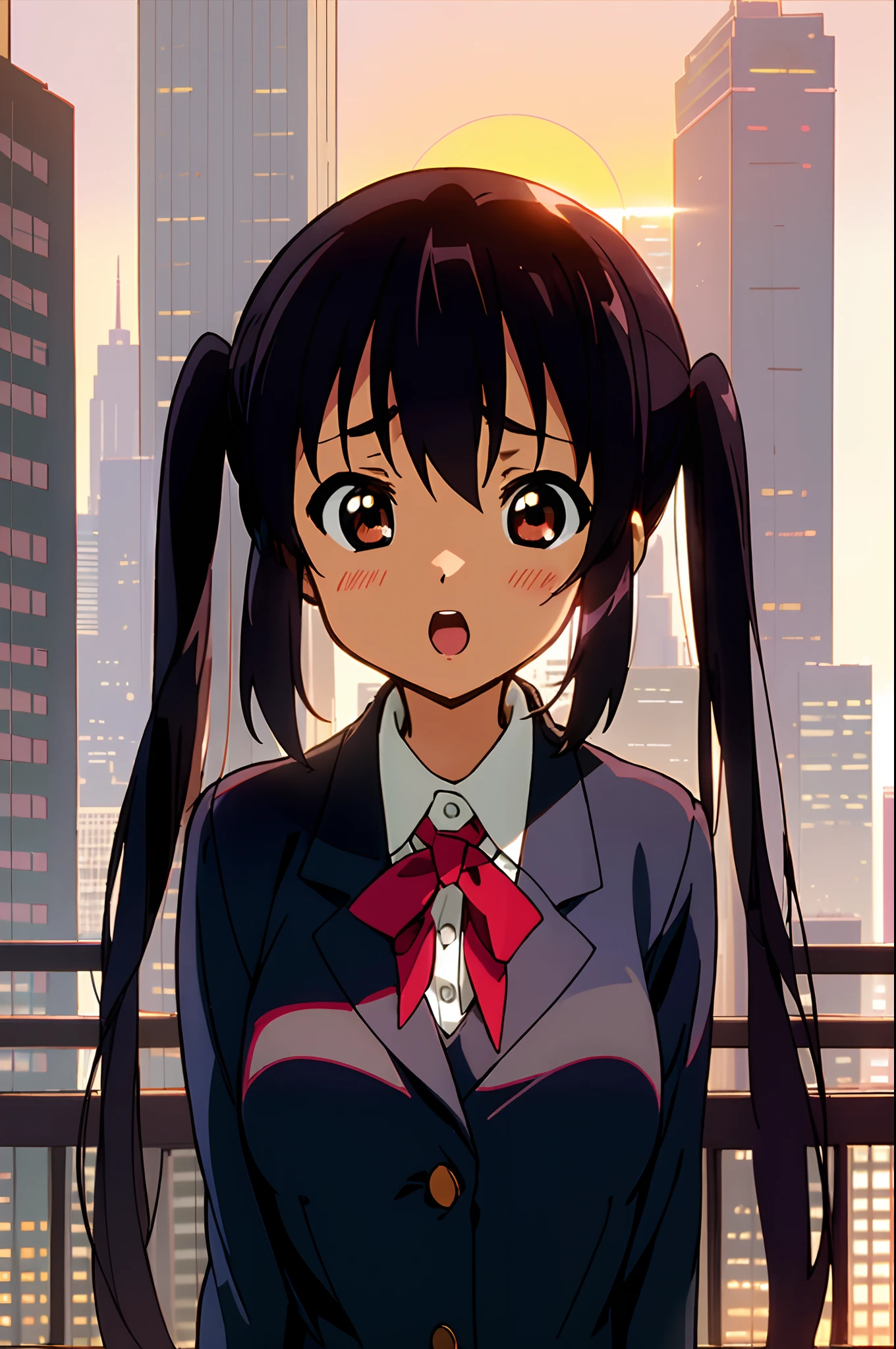 1girl, (((masterpiece))), highest quality, best quality, high detail, nakano azusa, 1girl, sakuragaoka high school uniform, school uniform, twintails, long hair, black hair, brown eyes, solo, red , a navy blue blazer with red narrow ribbon, a solid white buttoned shirt under the blazer, illustration, cartoon, soothing tones, calm colors, soft cinematic light, adobe lightroom, photolab, hdr, intricate, highly detailed, ((((depth of field)))). (((takeout))).dynamic focus.big breasts.(((Skyscrapers))).(((A city scape))).(((Face of sadness))). open mouth.(((up chest))).((evening glow)).((the setting sun)).