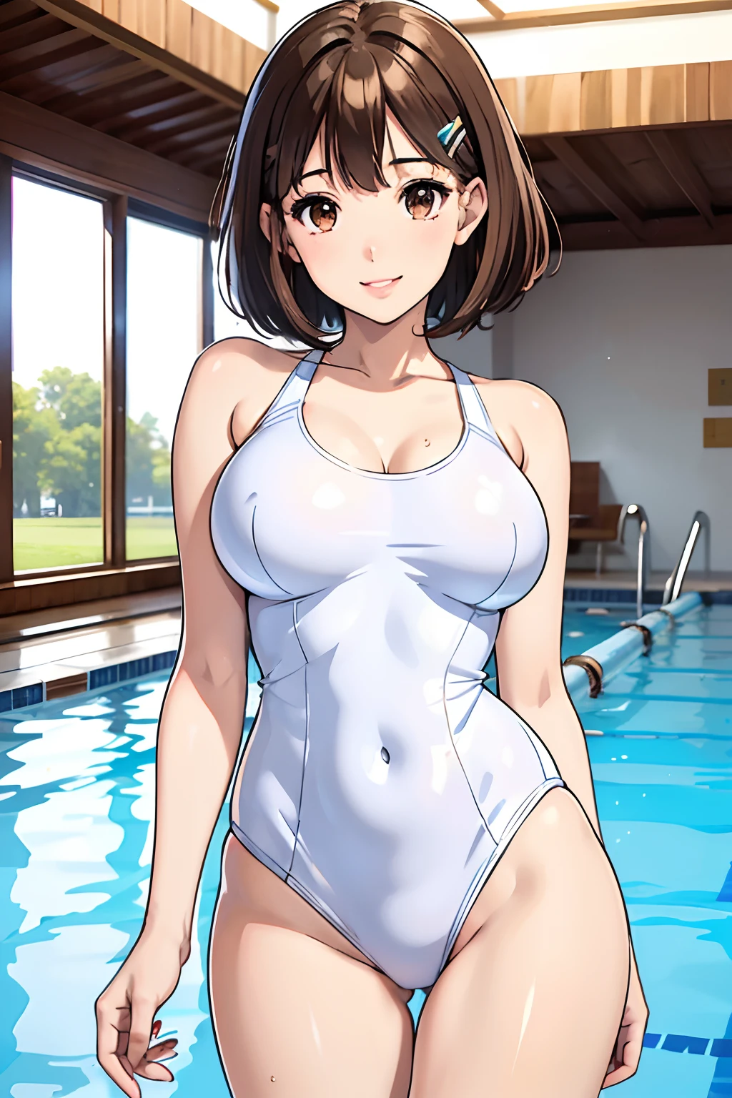 School swimsuit, white and blue swimsuit, one-piece swimsuit, young adult, 19 years, brown hair, blunt bang haircut cut, brown eyes, beautiful brown eyes, big breast, striking body curves, horny smile, pink lips, tiny girl, hair pins white, cute pose, indoor pool background, school,