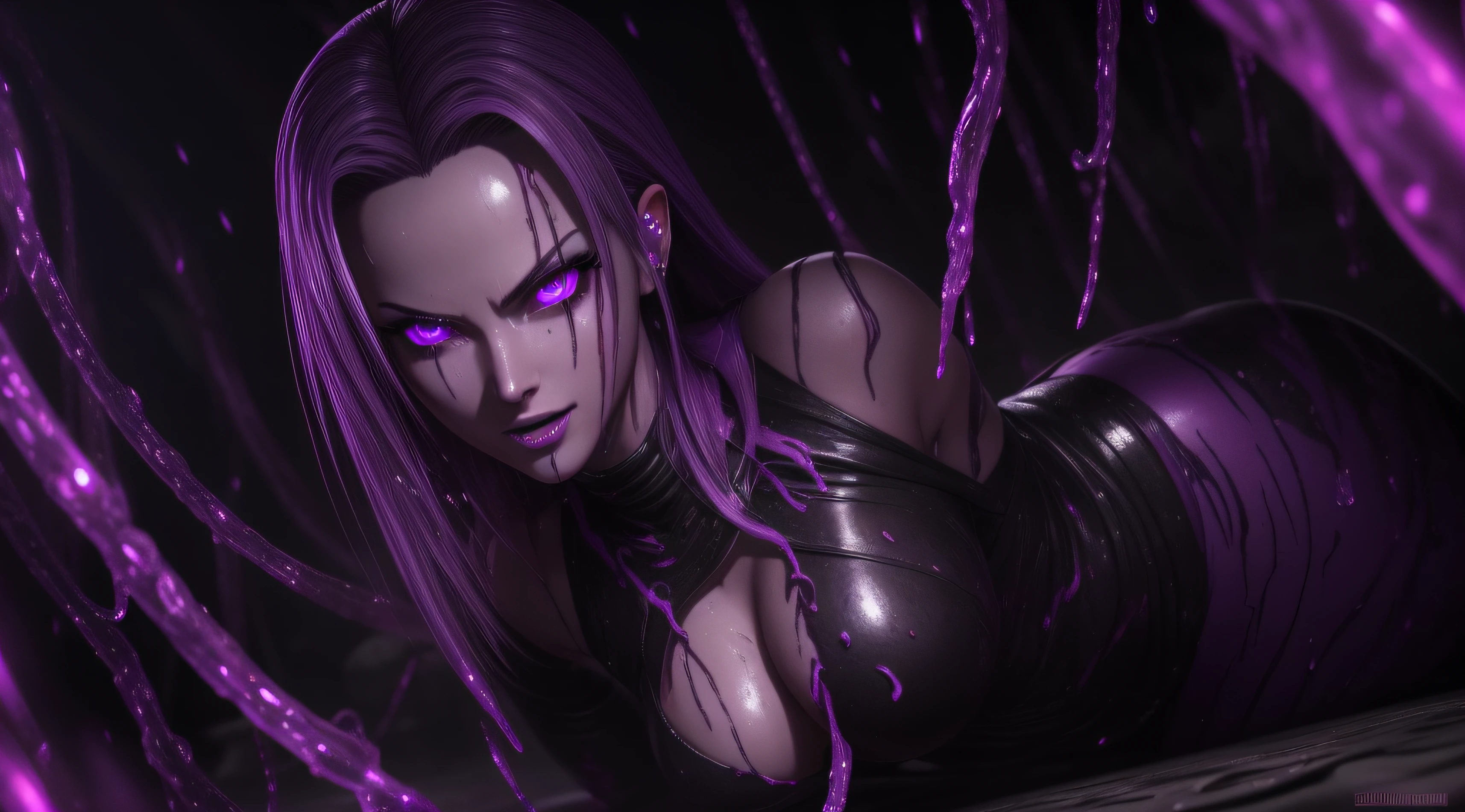 sexy android 18, Glow, seductive, glowing purple eyes , sexy , (ultra photorealistic:1.3), (masterpiece:1.4), best quality, ((realistic)), high quality, ultra detailed, ((real image)), ((realistic skin)), ((realistic face)),(illustration:1.05), (beautiful:1.05), (beautiful detailed eyes:1.05), (cinematic light:1.1), Extremely realistic , evil , wet ,corrupted , black veins ,parasites , dark energy , swarm, hive , grin , sadistic, wet, purple glow ,possessed. teasing , tentacles, rape , sex , cum , creampie,