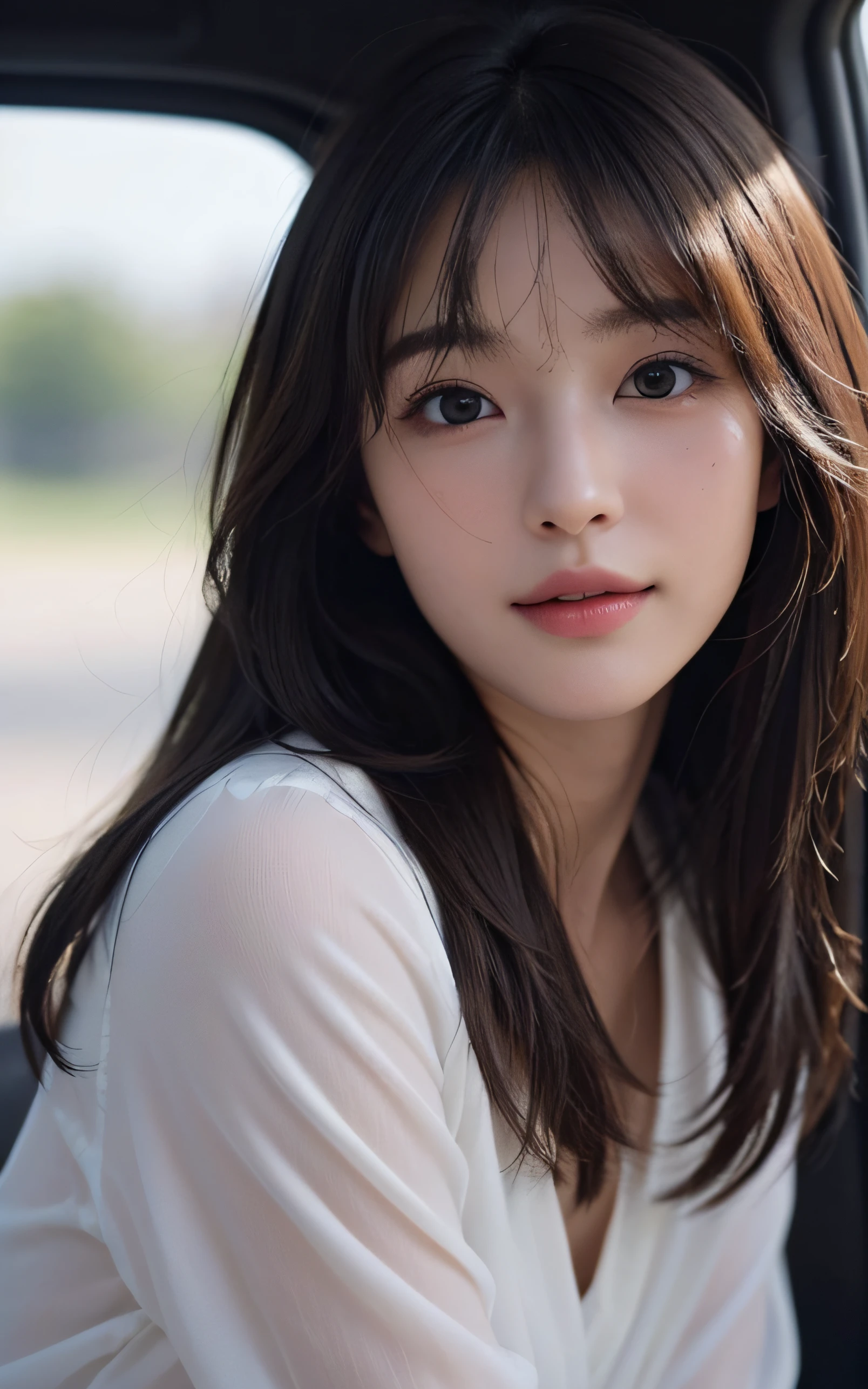 Masterpiece, best picture quality, high quality, beautiful girl, Japanese, , 16-year-o, ly, cu short face, round face, detailed, swollen eyes, detailed eyes, detailed skin, beautiful skin, ultra high resolution, (reality: 1.4),very beautiful, beautiful skin, slender, (ultra realistic), (high resolution), (8K), (very detailed) (best illustration), (beautifully detailed eyes), (super detailed), (wallpaper), (detailed face), fine details, detailed face, smiling, looking straight ahead, looking straight ahead, angle from waist up, realistic photo, bright lighting, professional lighting, dark brown hair, short hair, the ends of the hair are blown up by the wind, long stylish bangs,