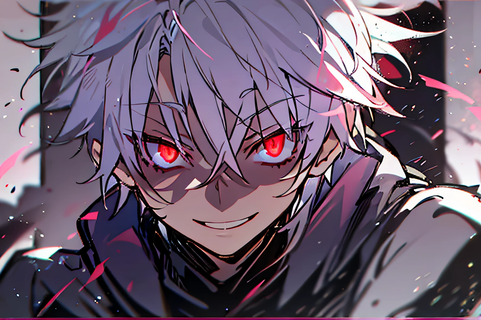 hight resolution,Anime boy with white hair and red eyes stares at camera, Glowing red eyes,slim, dressed in a black outfit,Shadow Body,monochromes,hair messy,Aggressive smile,Diagonal angle